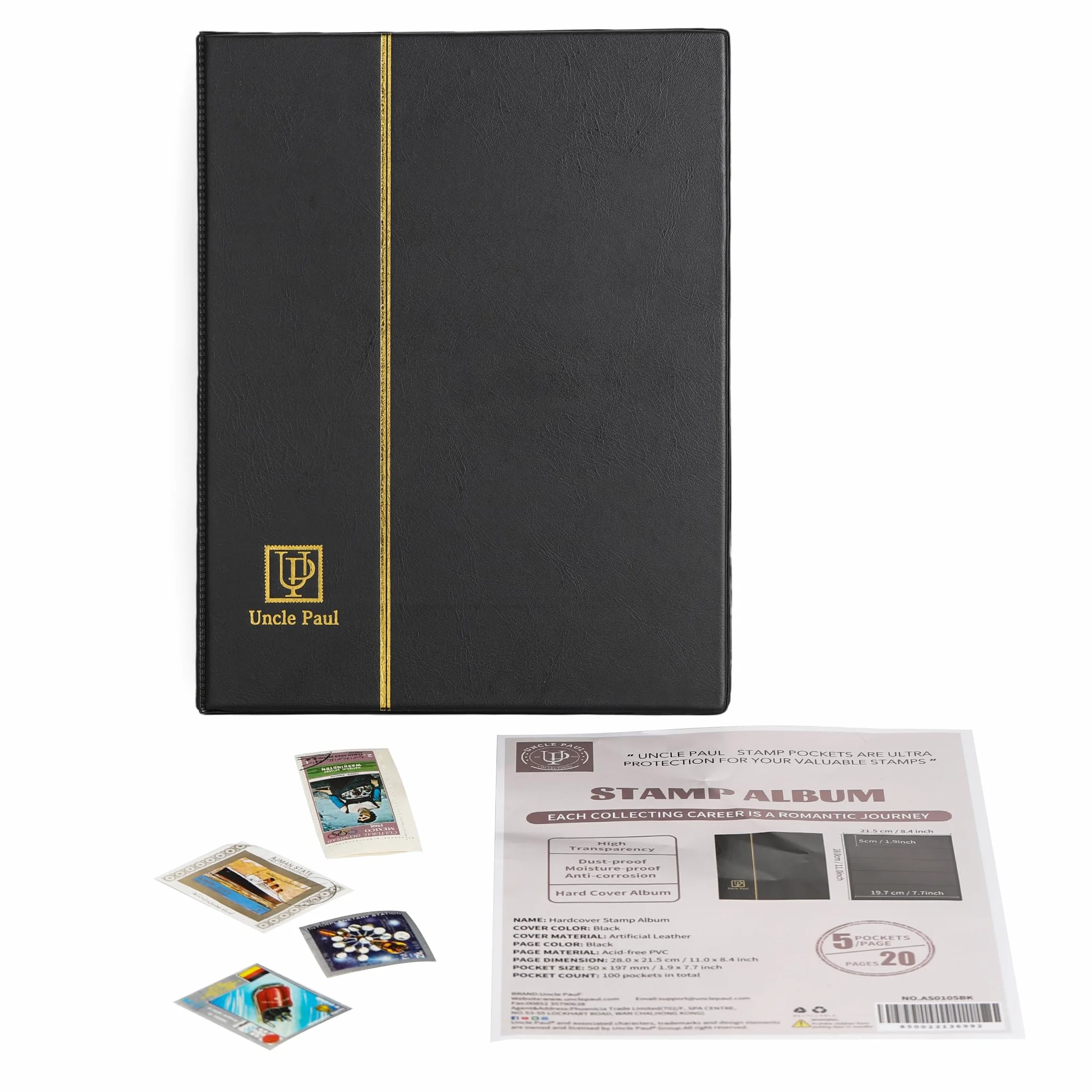 Album na znaczki, 100 kieszeni, 40 czarnych boków, skórzana wyściełana czarna okładka, segregator do przechowywania papierowych znaczków pieniędzy AS0105BK