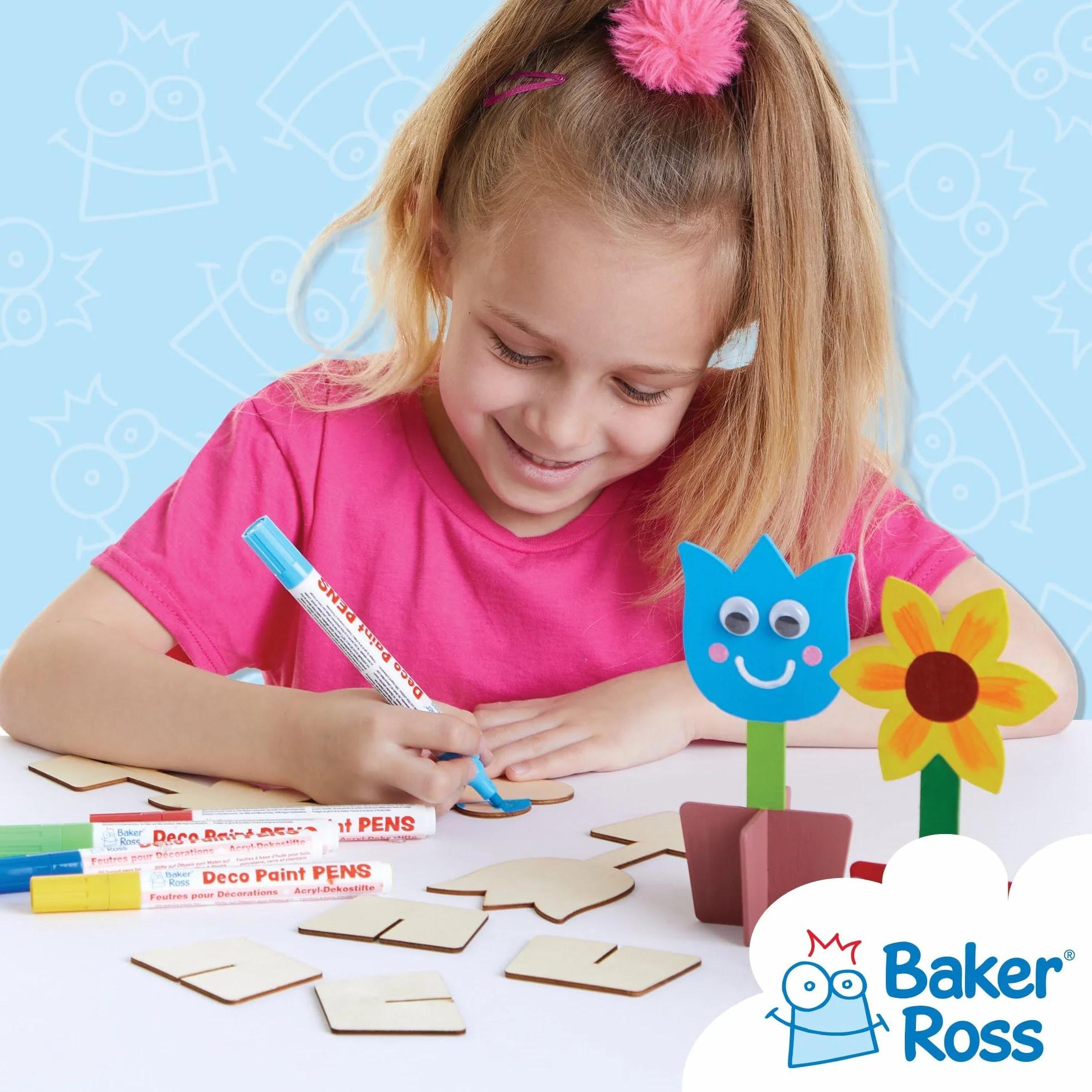Baker Ross FC727 Drewniane ozdoby stojące 3D w kształcie kwiatów - zestaw 6 sztuk, zestaw do tworzenia modeli drewnianych dla dzieci, rękodzieło artystyczne dla dzieci