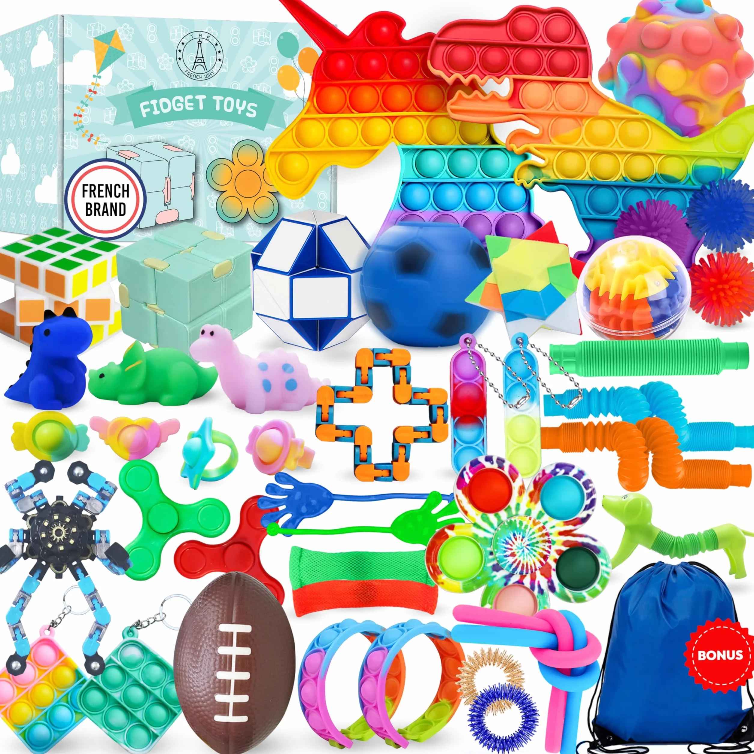 FrenchWay Fidget Toys Pack - zestaw zabawek antystresowych dla dzieci i dorosłych - satysfakcjonujące przedmioty, aby złagodzić stres i zwiększyć koncentrację - Pop It piłka antystresowa ręczna