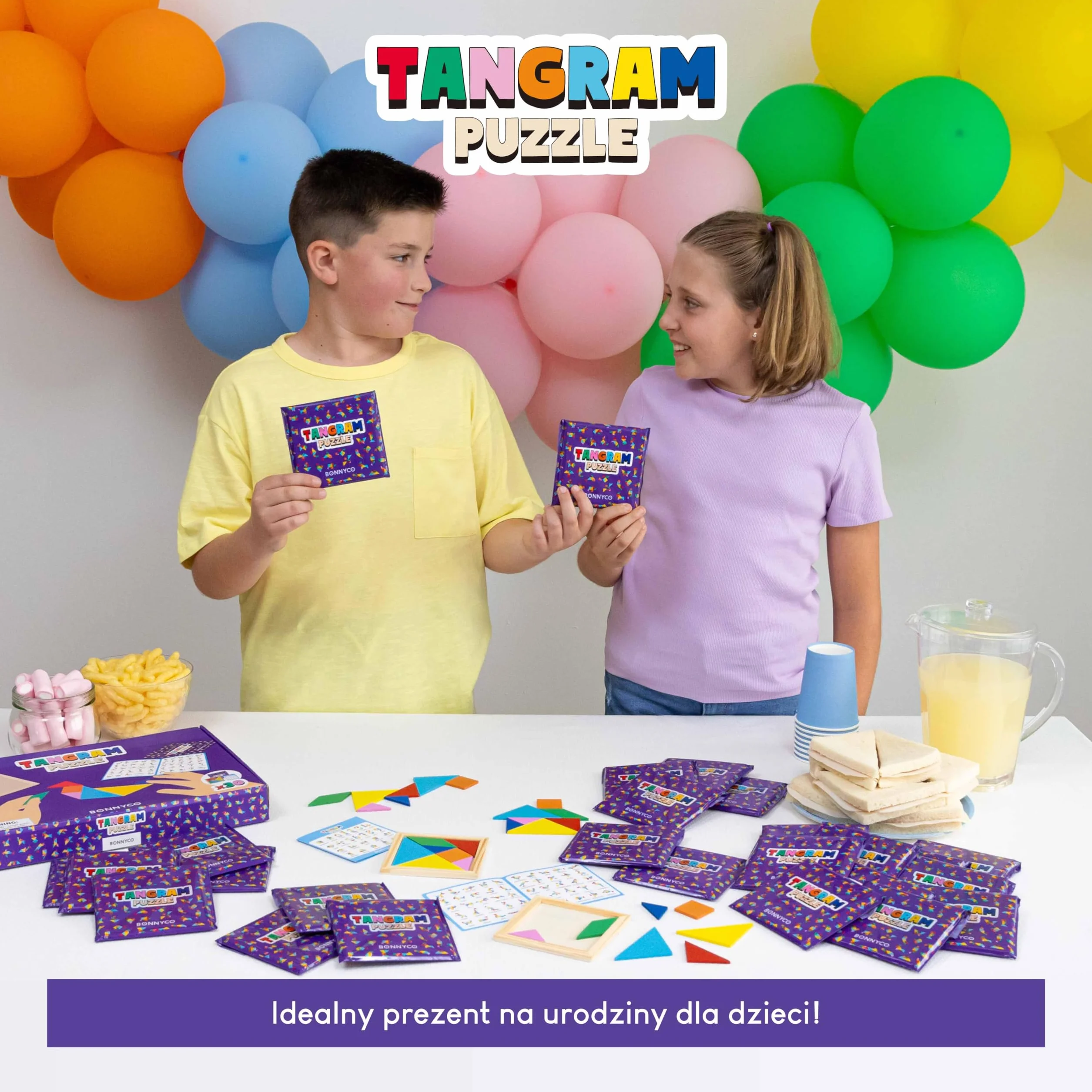 BONNYCO Puzzle Tangram dla Dzieci Pakiet 30 Wypełniaczy do Torebek Imprezowych Unisex. Wypełniacze do Torebek Imprezowych Dla Maluchów. Prezenty na Przyjęcia Dzieci
