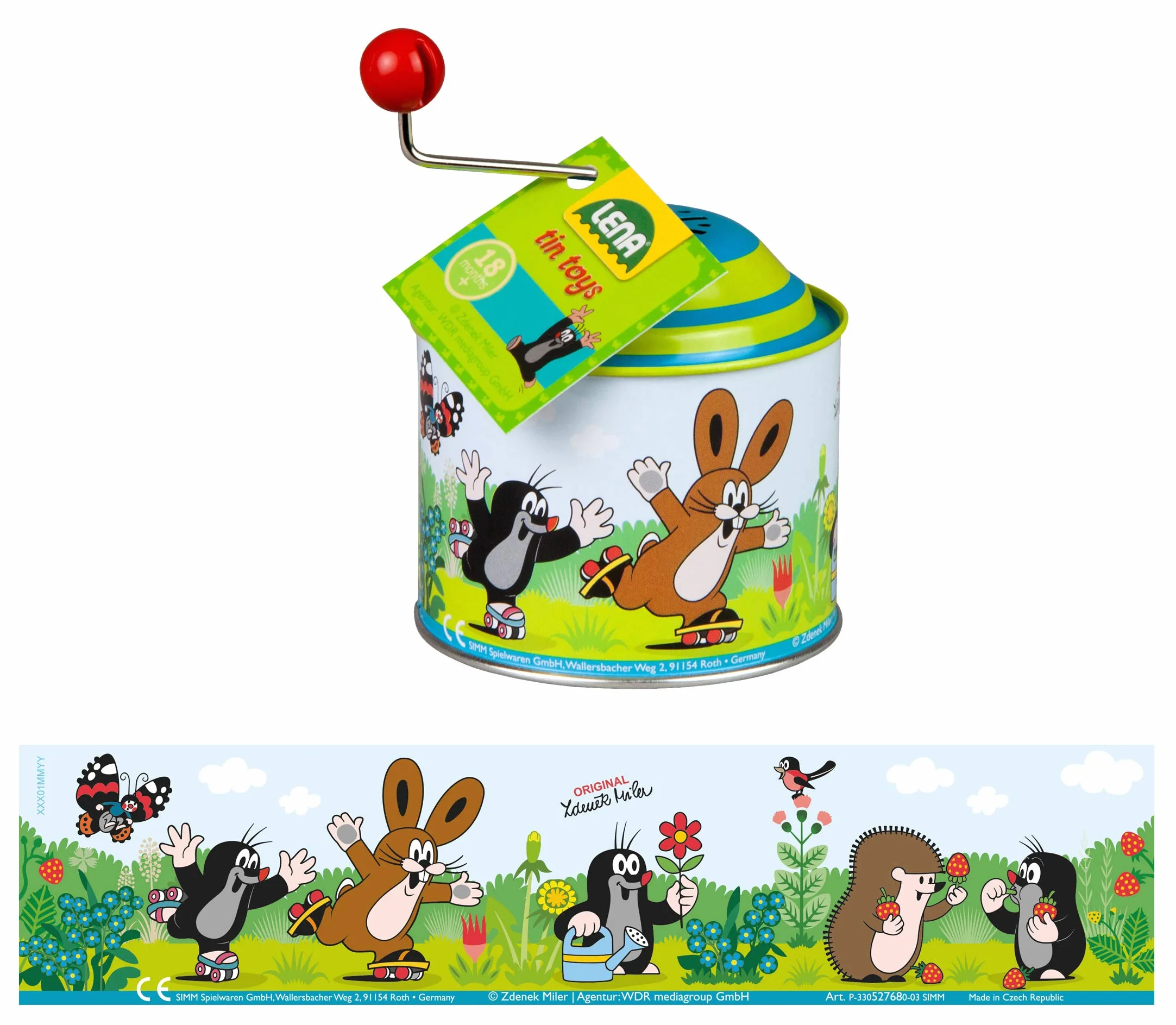 Lena tin Toys 52768 - muzyczna obrotowa puszka z małym kretem, puszka muzyczna ok. 10,5 x 7,5 cm, blaszana tokarka z melodią wiosny, metalowa puszka obrotowa dla dzieci od 18 miesięcy, organy z
