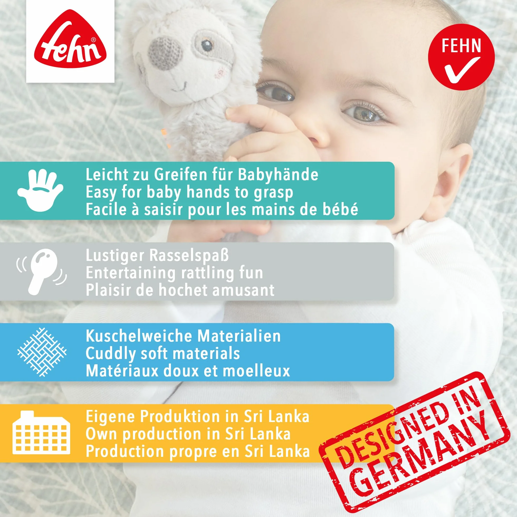 Fehn Pierścień z Motywem Koala - Przytulanka dla Niemowląt z Grzechotką - Zabawka Motoryczna do Nauki i Zabawy - Pluszowa Pomoc w Zasypianiu