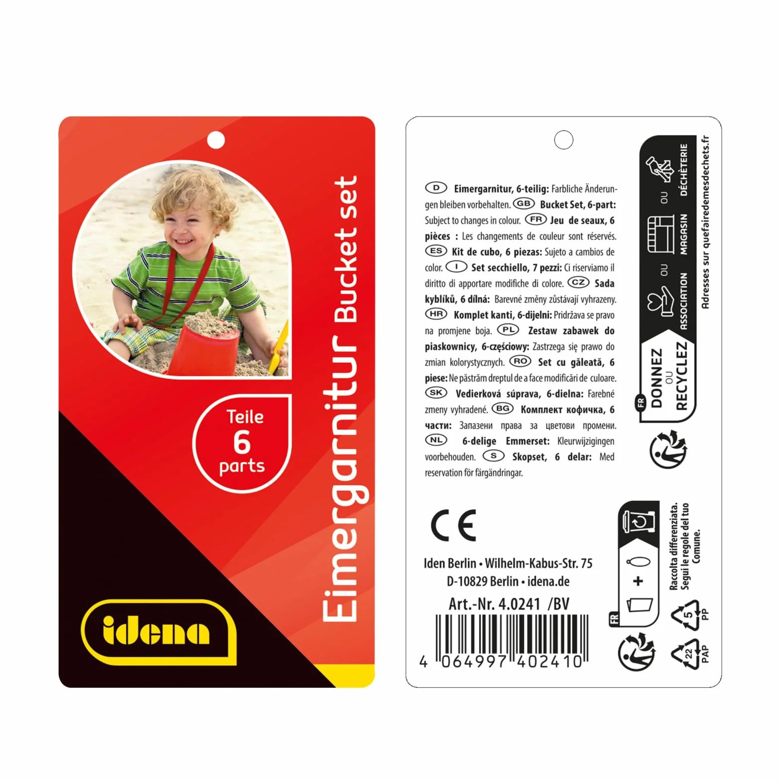 Idena 40241 - Zestaw zabawek do piasku 6 elementów z wiaderkiem, sitkiem, 2 małymi foremkami, grabkami i małą łopatką, różne warianty kolorystyczne