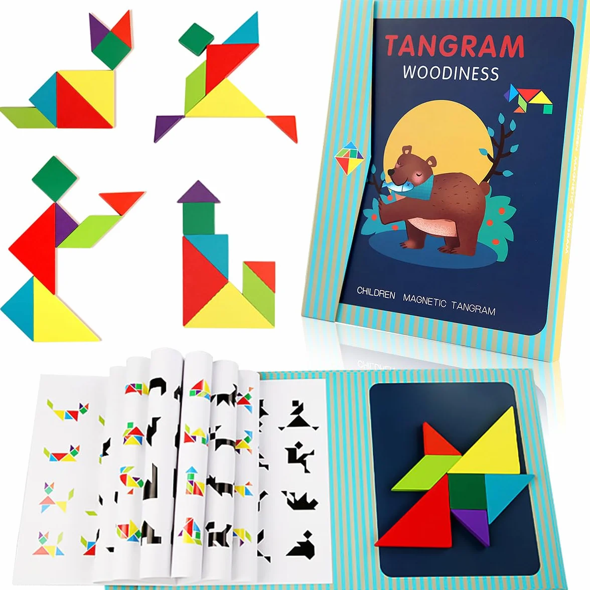 Magnetyczny Tangram, drewniane puzzle w kształcie tangrama, zabawka edukacyjna dla dzieci w wieku od 3 lat.