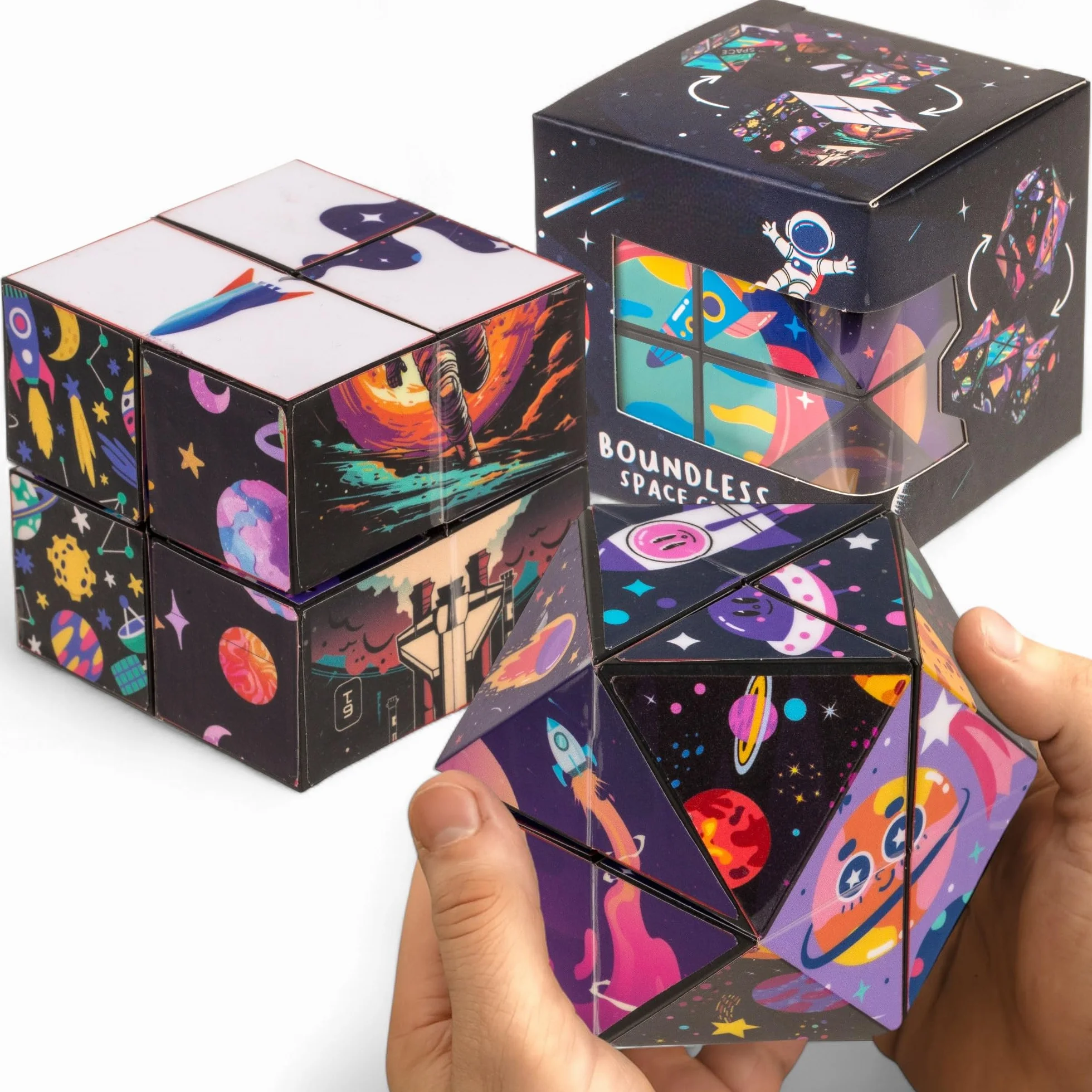 MIJOMA Infinity Cube – niekończąca się kostka z ekscytującymi motywami, Fidget zabawka przeciwko stresowi i nudzie, składana kostka dla dzieci i dorosłych, 5,5 cm (kosmos)