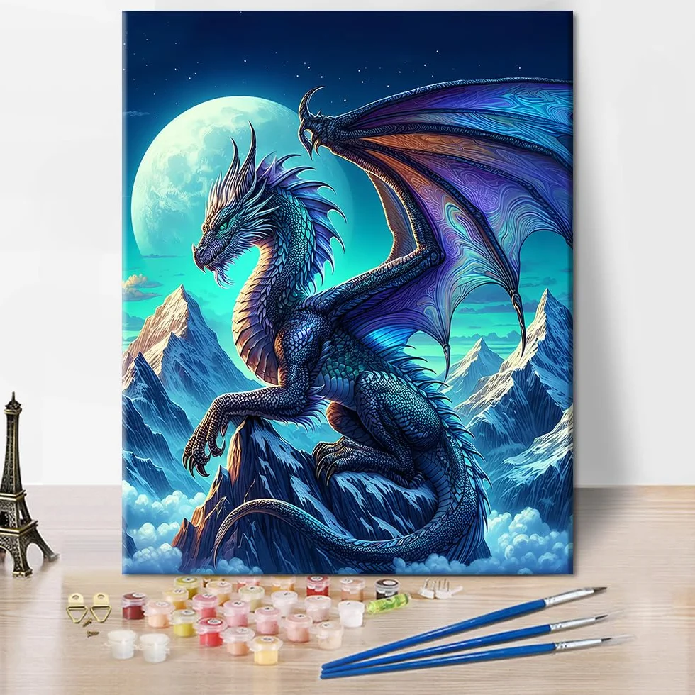 TISHIRON Malowanie według liczb, dla dorosłych, Fantasy smok, światło księżyca, zestaw "zrób to sam", z płótnem, farby akrylowe, pędzle, antystresowe, dekoracja ścienna, 40 x 50 cm