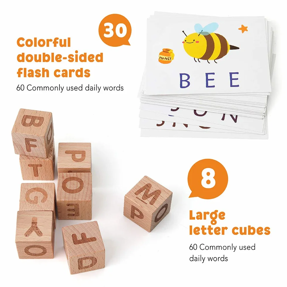 Coogam Gry pisownicze, drewniane pasujące litery zabawka ze słowami karty błyskowe, alfabety ABC nauka edukacyjne montessori puzzle prezent dla przedszkolaków dzieci chłopców dziewcząt wiek 3 4 5 lat