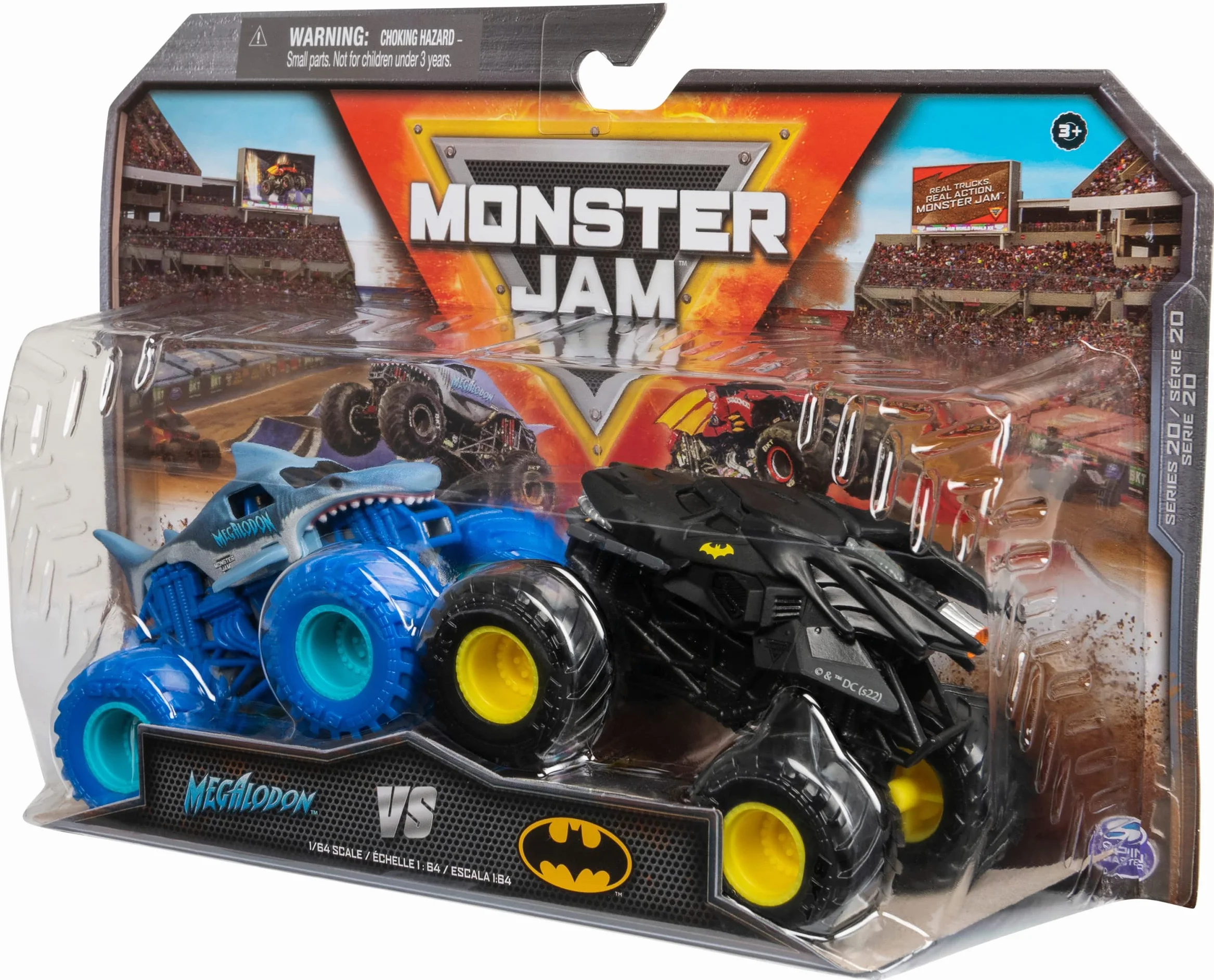 Monster Jam - Oryginalny dwupak z Batmobil vs. Megalodon - autentyczne Monster Trucks w skali 1:64