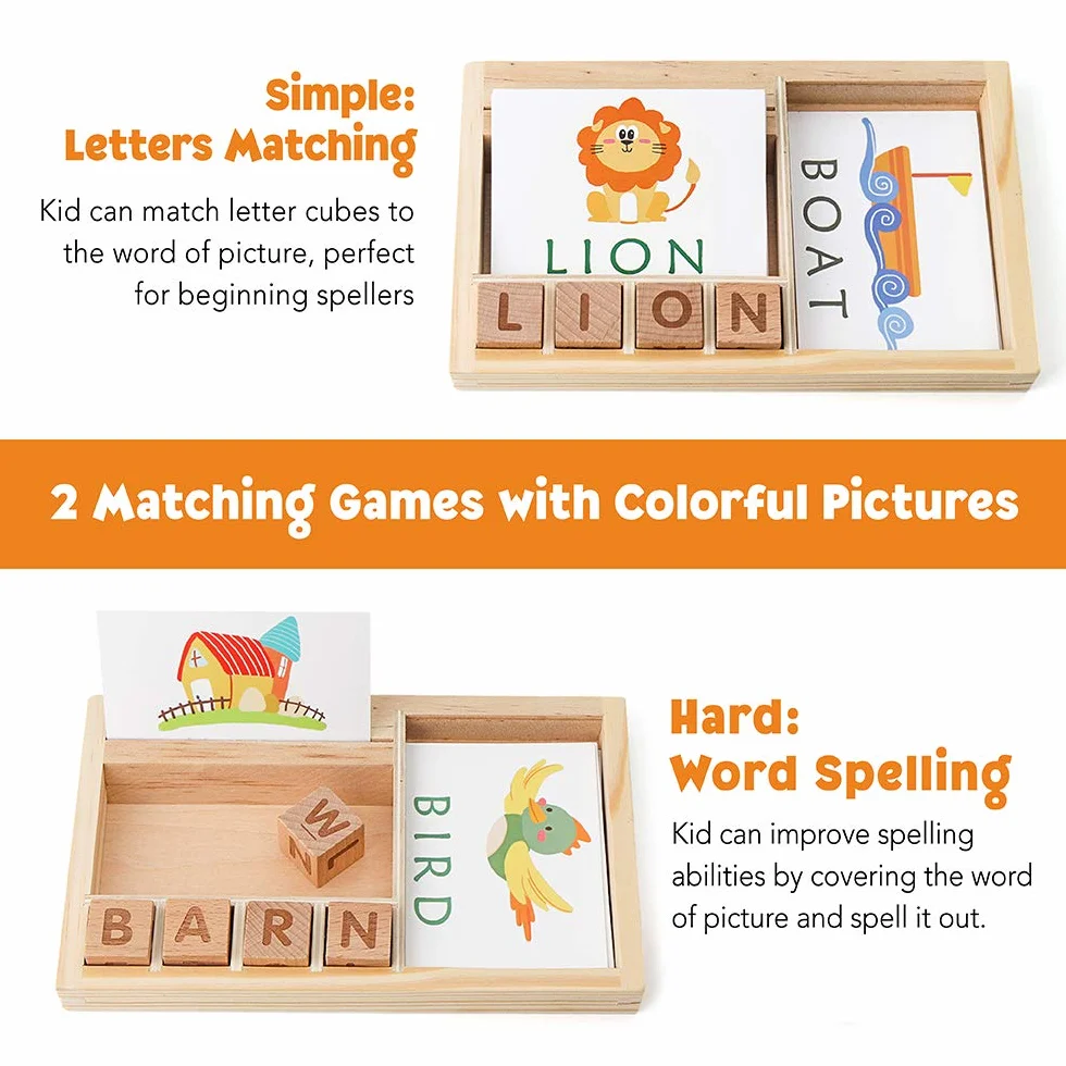 Coogam Gry pisownicze, drewniane pasujące litery zabawka ze słowami karty błyskowe, alfabety ABC nauka edukacyjne montessori puzzle prezent dla przedszkolaków dzieci chłopców dziewcząt wiek 3 4 5 lat