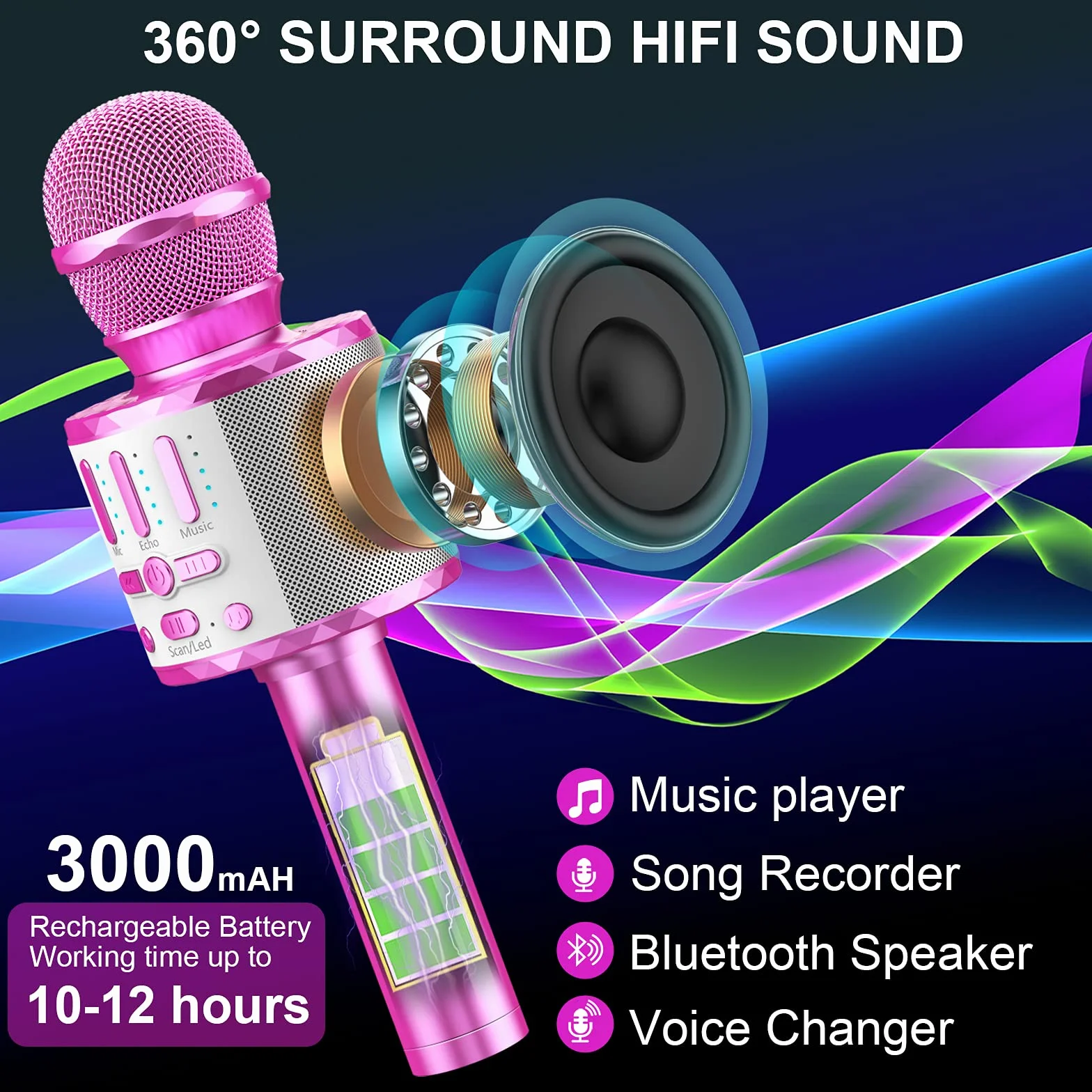 Mikrofon do karaoke, bezprzewodowy mikrofon Bluetooth dla dzieci z diodami LED, przenośna maszyna do karaoke do śpiewania, zabawka dla dziewczynek i chłopców, mikrofon karaoke, prezenty