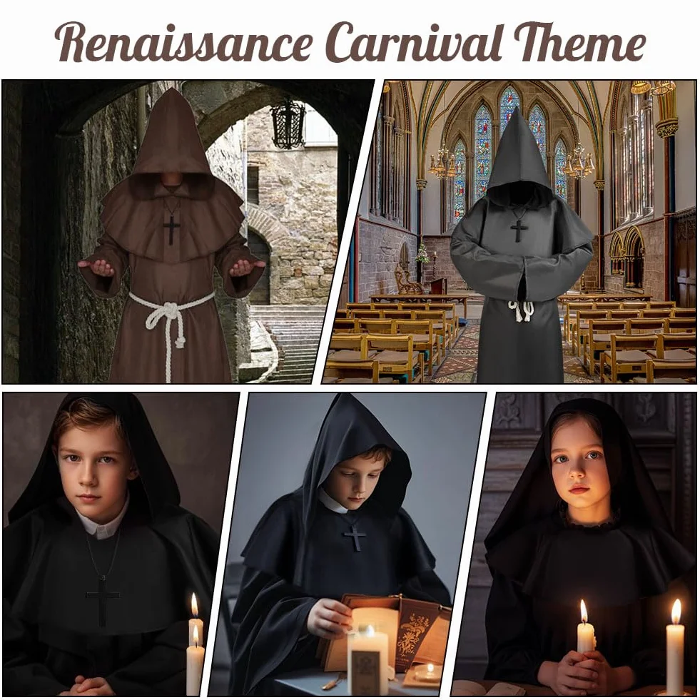 AUYAO Kostium mnicha dla dzieci, szlafrok cosplay, fantazyjny kostium, średniowieczny szlafrok z kapturem, renesans, płaszcz z kapturem, rycerz, vintage, niegodziwy kostium, Halloween, karnawał