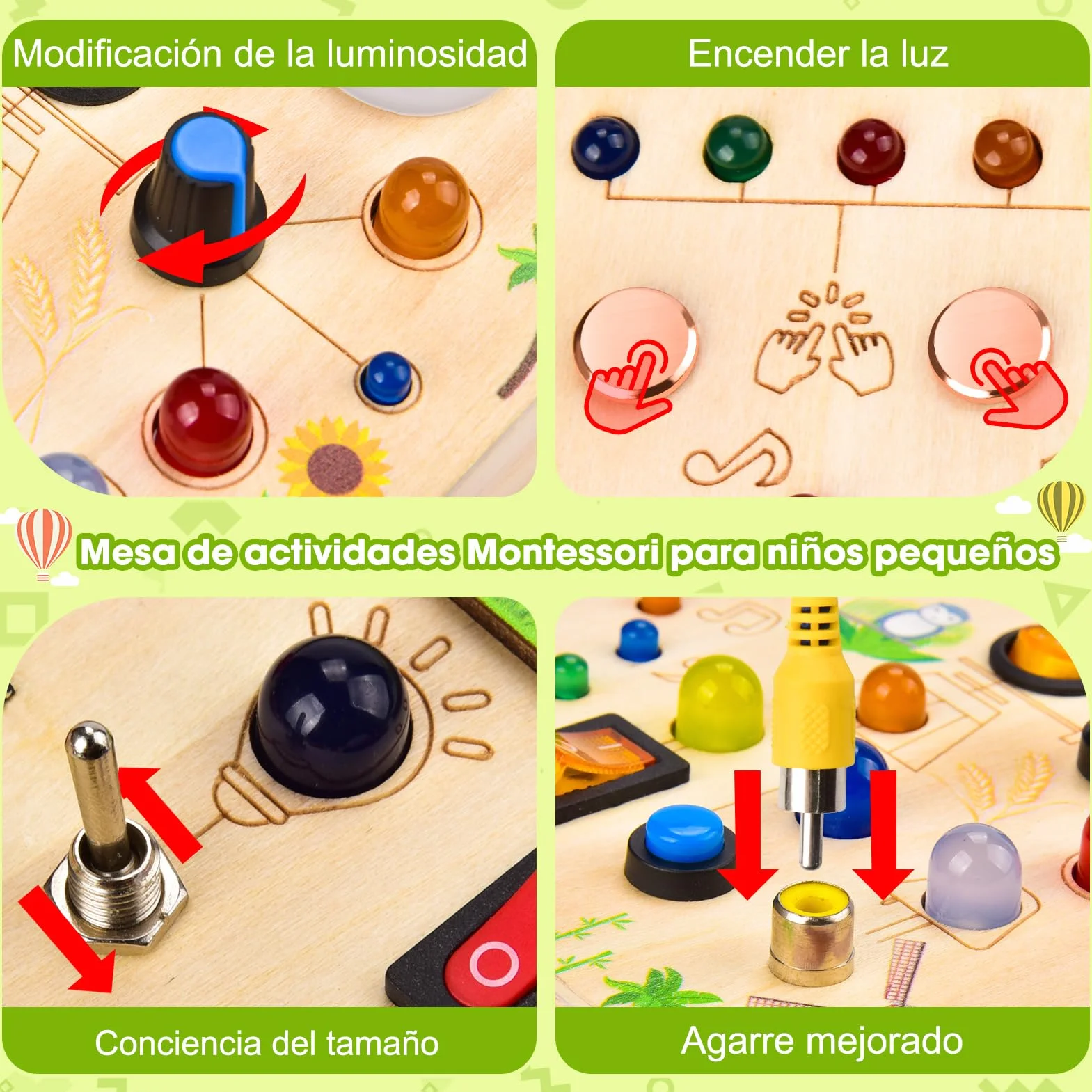 Fwiull Montessori zabawka od 1 roku, Baby Montessori Busy Board, deska do aktywności od 2 lat, zabawka motoryczna z 29 włącznikami światła LED, zabawka sensoryczna do nauki, odpowiednia dla 1, 2, 3, 4