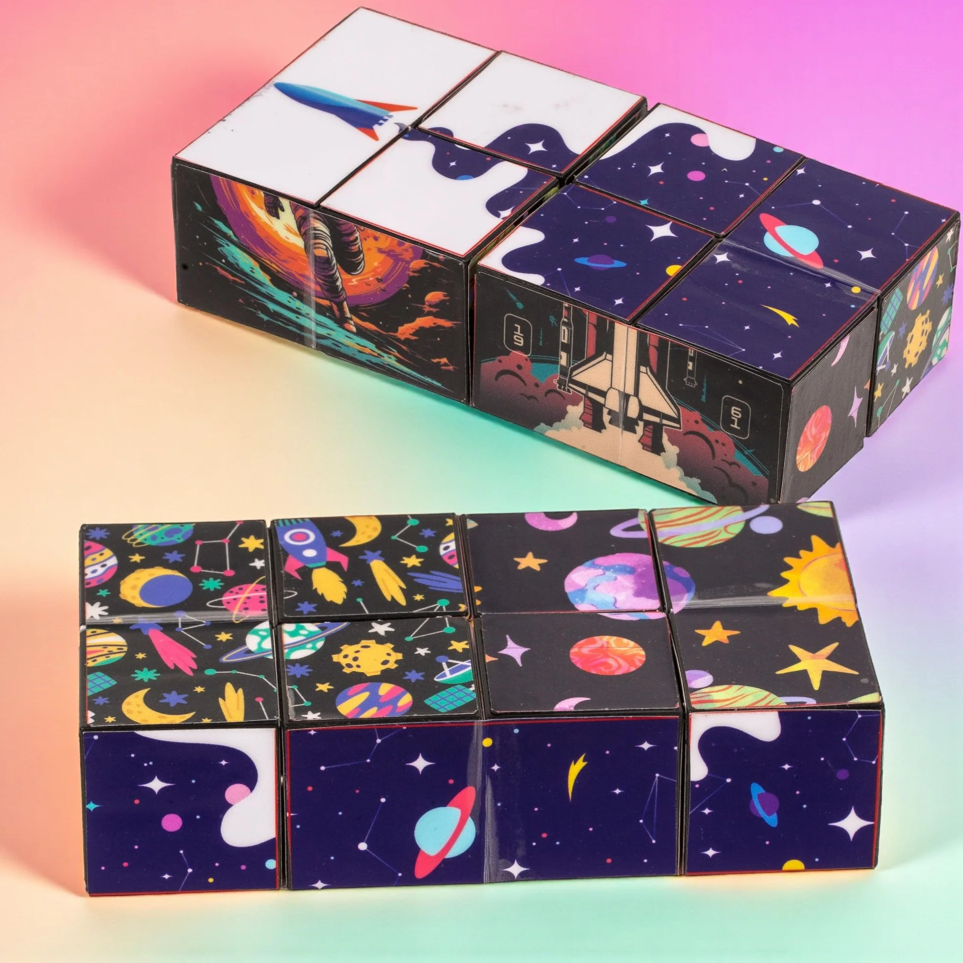 MIJOMA Infinity Cube – niekończąca się kostka z ekscytującymi motywami, Fidget zabawka przeciwko stresowi i nudzie, składana kostka dla dzieci i dorosłych, 5,5 cm (kosmos)