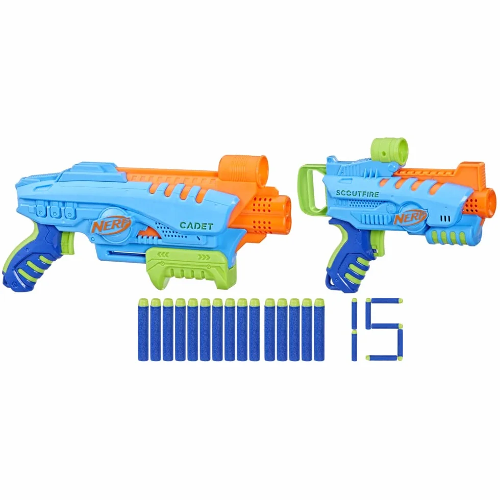 Nerf Elite Junior Ultimate zestaw startowy, 2 Easy-Play Blaster, 15 Nerf Elite, zabawka outdoorowa dla dzieci od 6 lat