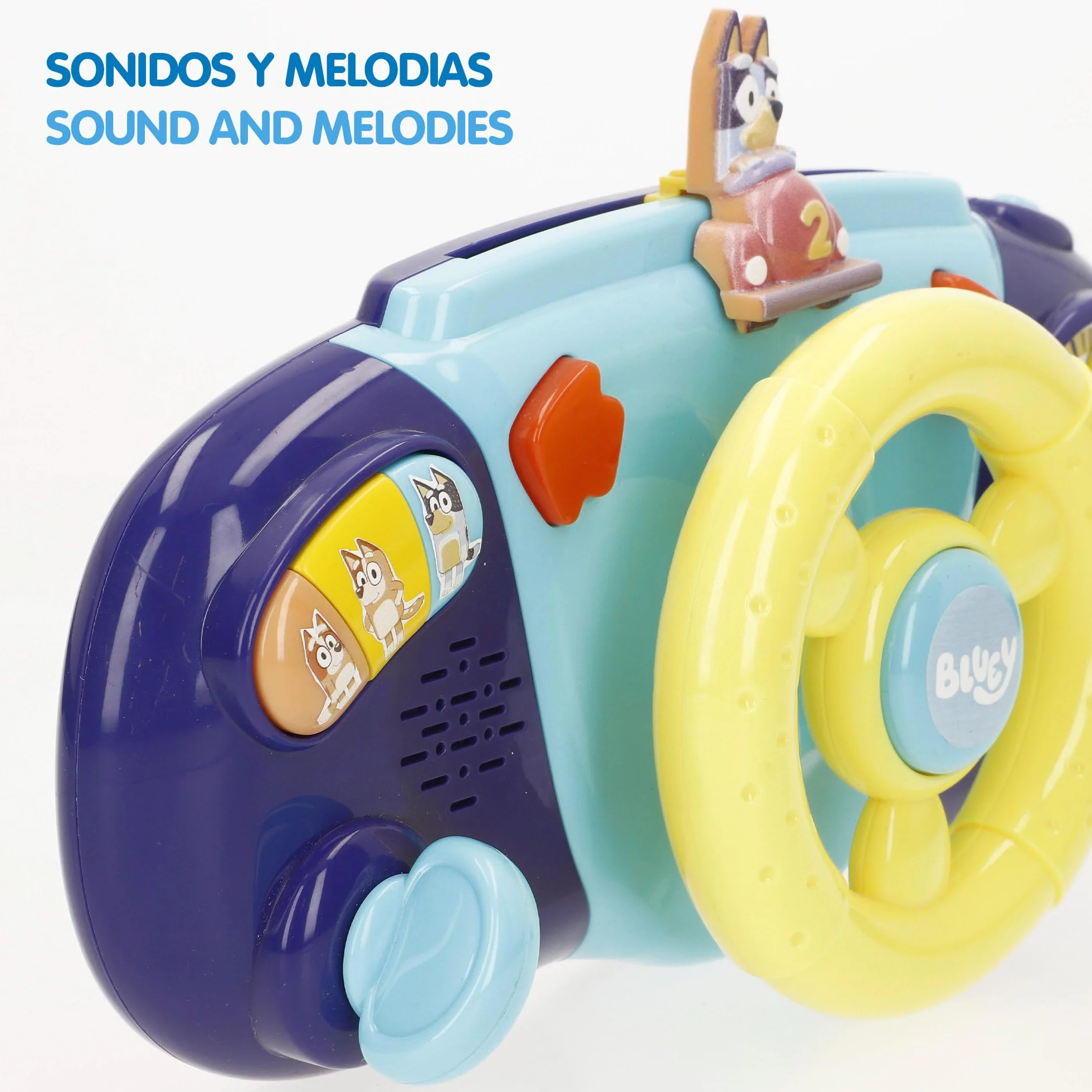 ColorBaby Bluey Kierownica do wózka dziecięcego, uchwyt kotwiący, kolorowy design, Bluey, Bingo i Przyjaciele, gry interekcyjne, zajęcia dla dzieci +6 miesięcy (39146)