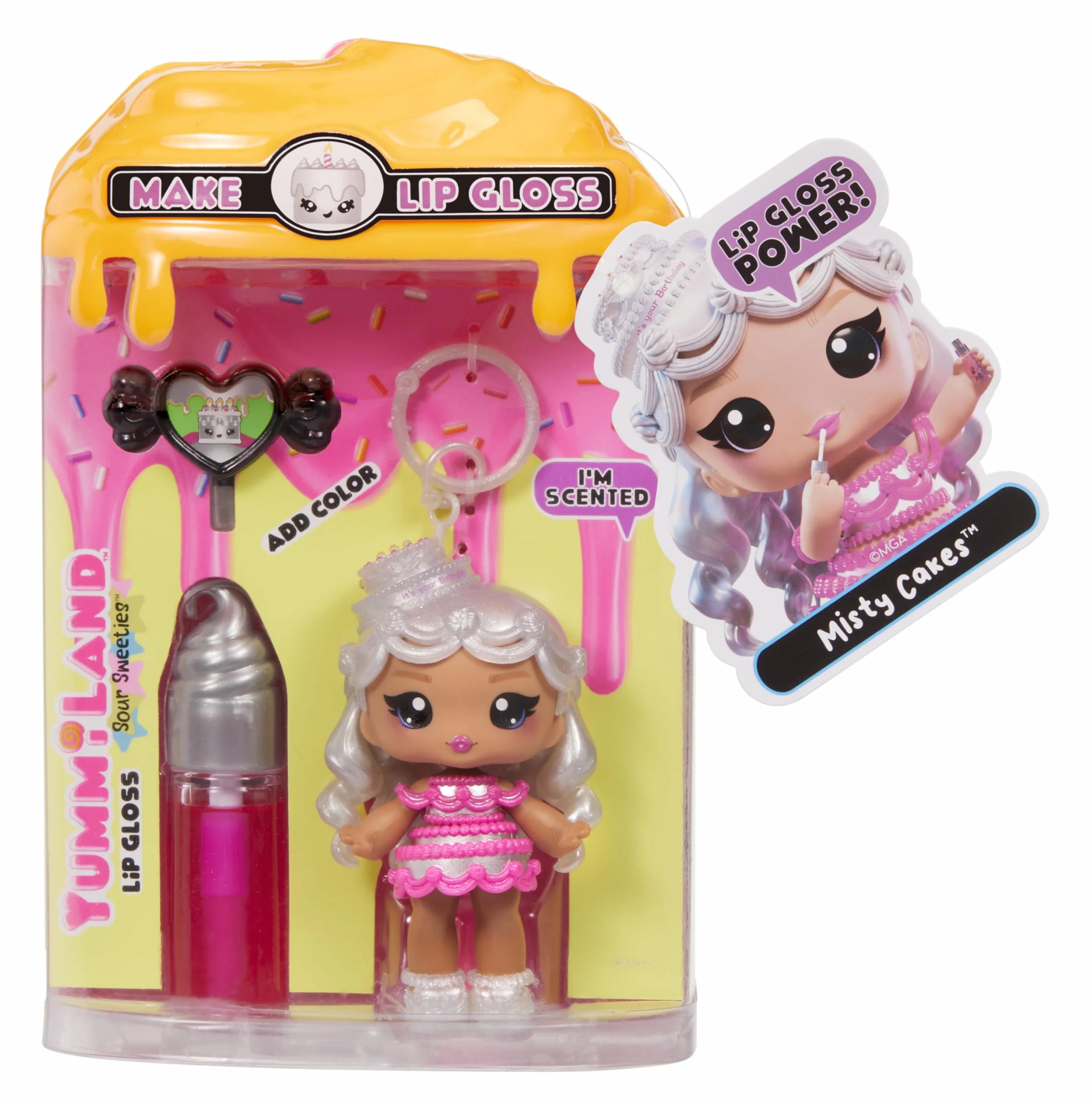 Yummiland Lip Gloss Doll – Sour Sweeties - Misty Cakes – Laleczka z Błyszczykiem do Samodzielnego Wykonania i Breloczkiem, Zabawa z Makijażem, Lalka Kolekcjonerska, Dla Dzieci w Wieku od 4. Lat