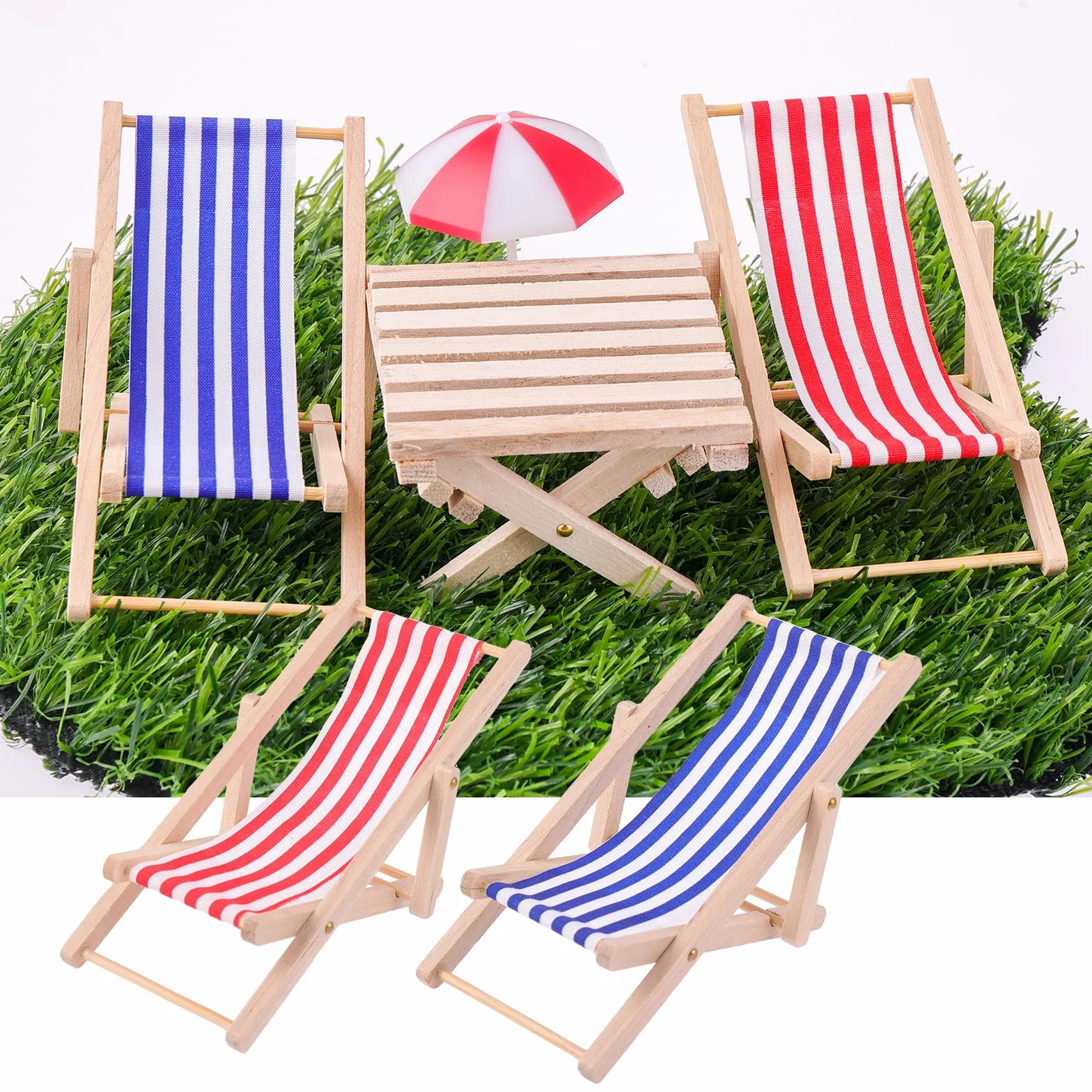 Cobee Miniaturowe krzesło plażowe do domku dla lalek, 4 szt., 1:12, plaża, miniaturowy domek dla lalek, dekoracja na zewnątrz, mini lalka, podwójne leżaki, parasol, stół do samodzielnego wykonania