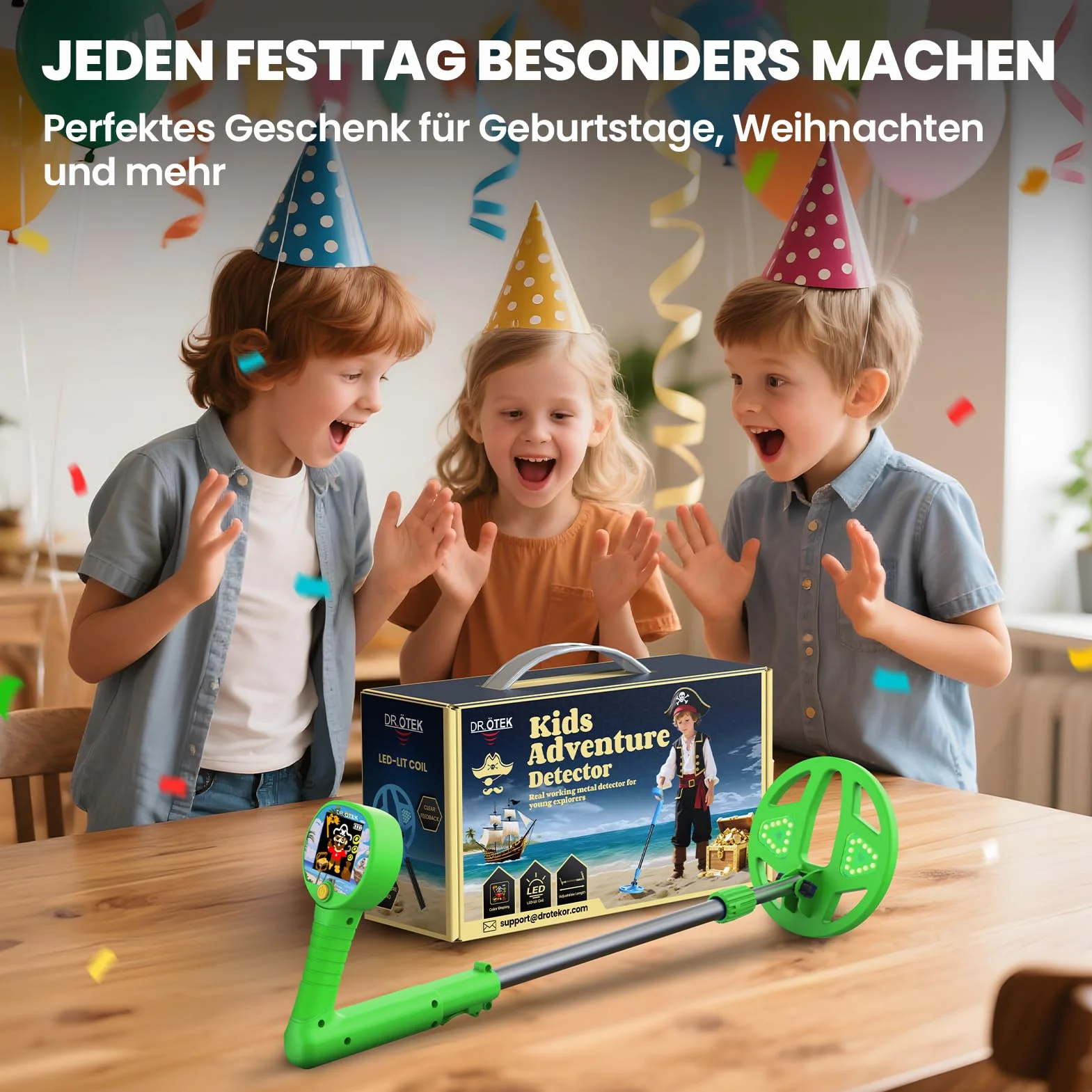 DR.ÖTEK Wykrywacz metalu dla dzieci, kolorowy wyświetlacz LCD i 15 cm, lekka i regulowana, antypoślizgowy uchwyt, zestaw wykrywaczy metali dla dzieci w wieku 3-12 lat, chłopców i dziewcząt, zielony