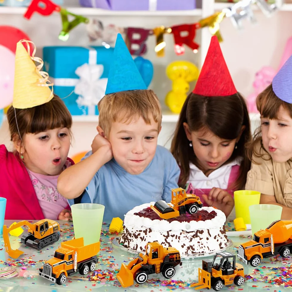 O-Kinee Pojazdy budowlane dla dzieci, zestaw 6 samochodów-zabawek z placu budowy, mini koparka dekoracja tortu, pojazdy budowlane dla dzieci w wieku 2, 3, 4, 5, 6 lat, dekoracja tortu, koparka