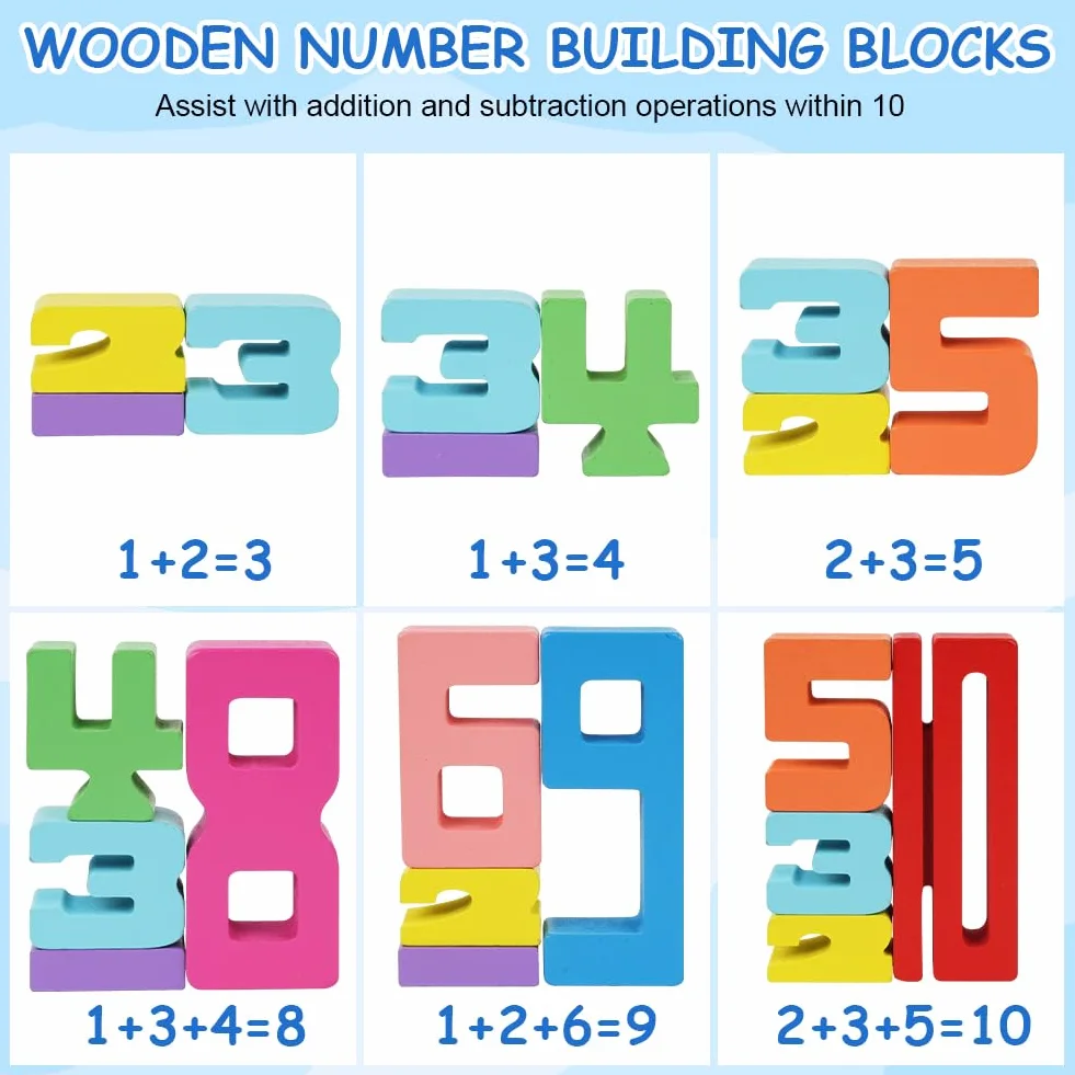 Ainiv Zabawki z Klockami Numerycznymi dla Dzieci, Drewniane Klocki z Liczbami od 1 do 10, Cyfrowe Klocki Montessori, Wczesne Gry Matematyczne dla Przedszkolaków (20 Klocków, 15 Kart)
