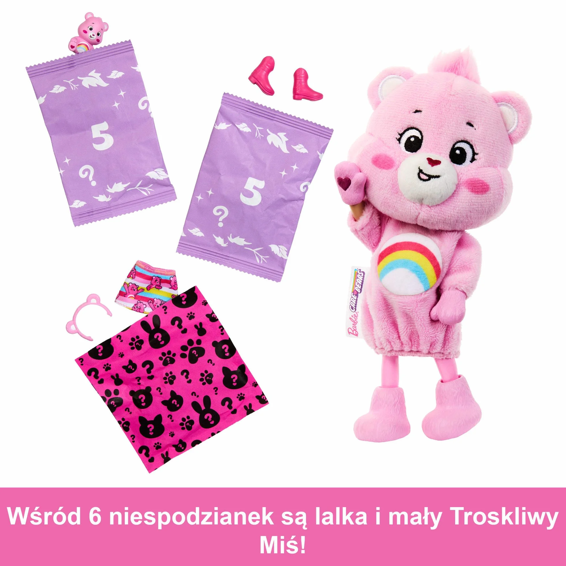 Barbie Cutie Reveal Chelsea Lalka i akcesoria Seria Troskliwe Misie Zestaw z małą lalką w kostiumie i z 6 niespodziankami, JCN97
