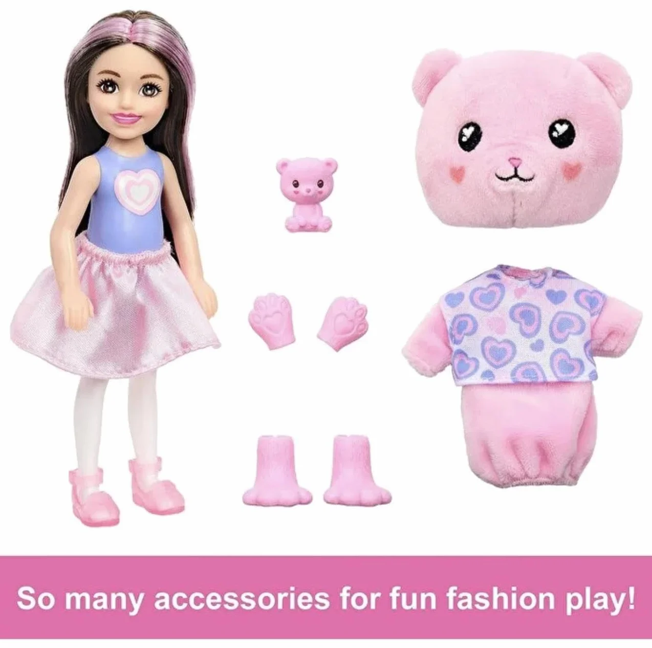 Barbie Cutie Reveal Chelsea Miś Lalka Seria Słodkie stylizacje Mała lalka w kostiumie misia z 6 niespodziankami, w tym zmianą koloru, HKR19