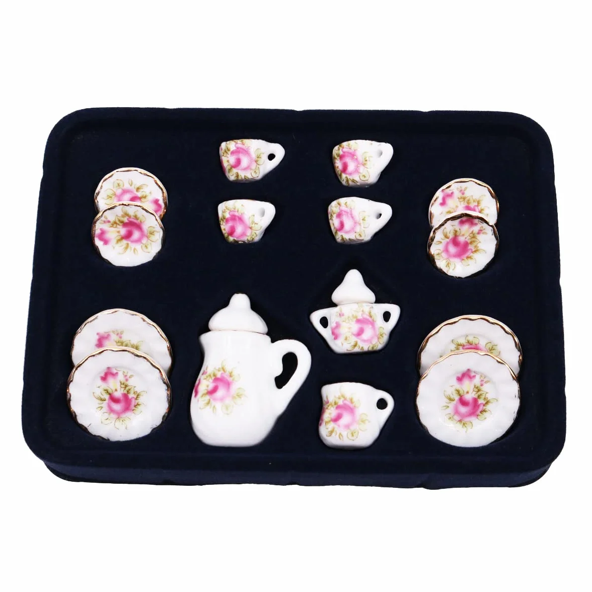 WANGCL Domek dla lalek zestaw do herbaty miniaturowy zestaw do herbaty 15 szt. zastawa stołowa porcelanowe kubki akcesoria do domku dla lalek 1/12 Barbie domek dla lalek Lundby domek dla lalek