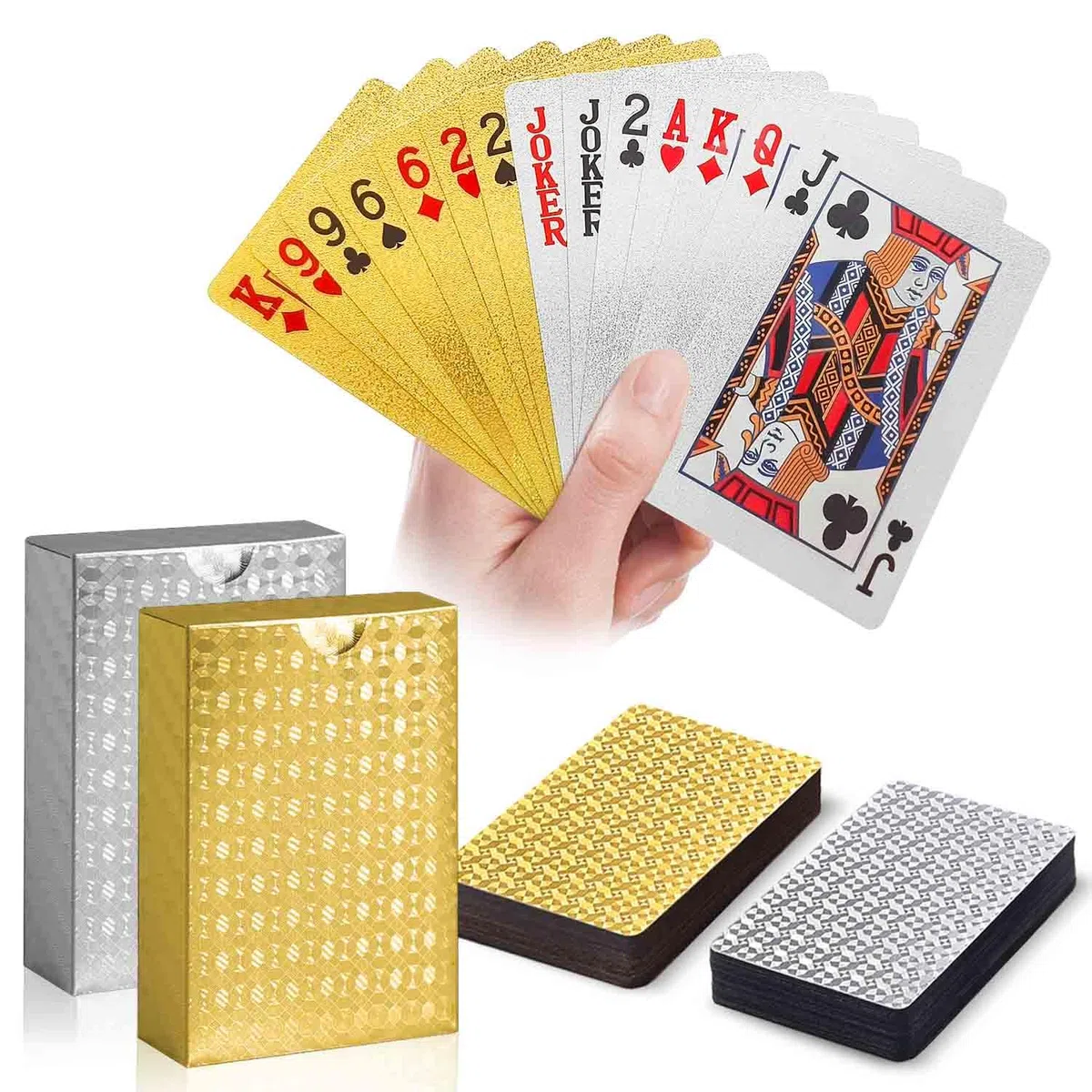 Wodoodporne karty do gry 2 zestawy, złote i srebrne, premium karty pokerowe z plastiku PET+PVC, z diamentowym teksturowaniem, trwałe i luksusowe wzornictwo do blackjacka, UNO, gier karcianych