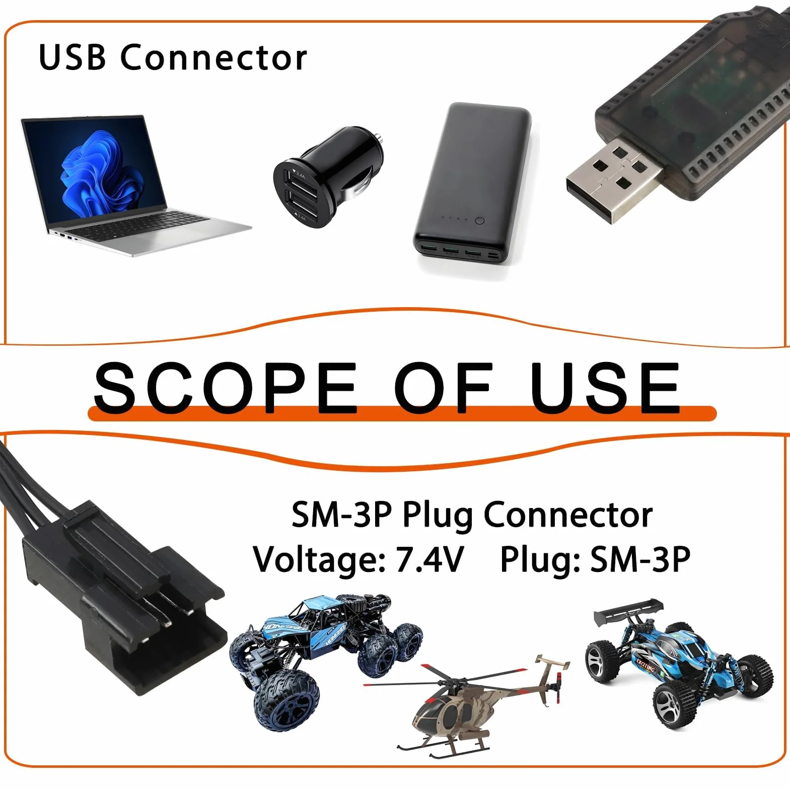 RC kabel do ładowania 7,4 V LiPo akumulator ładowarka USB z wtyczką SM-3 PIN, kabel do ładowarki USB rc, odpowiedni do samochodów RC, dronów, quadkopterów, zabawek zdalnie sterowanych, ochrona
