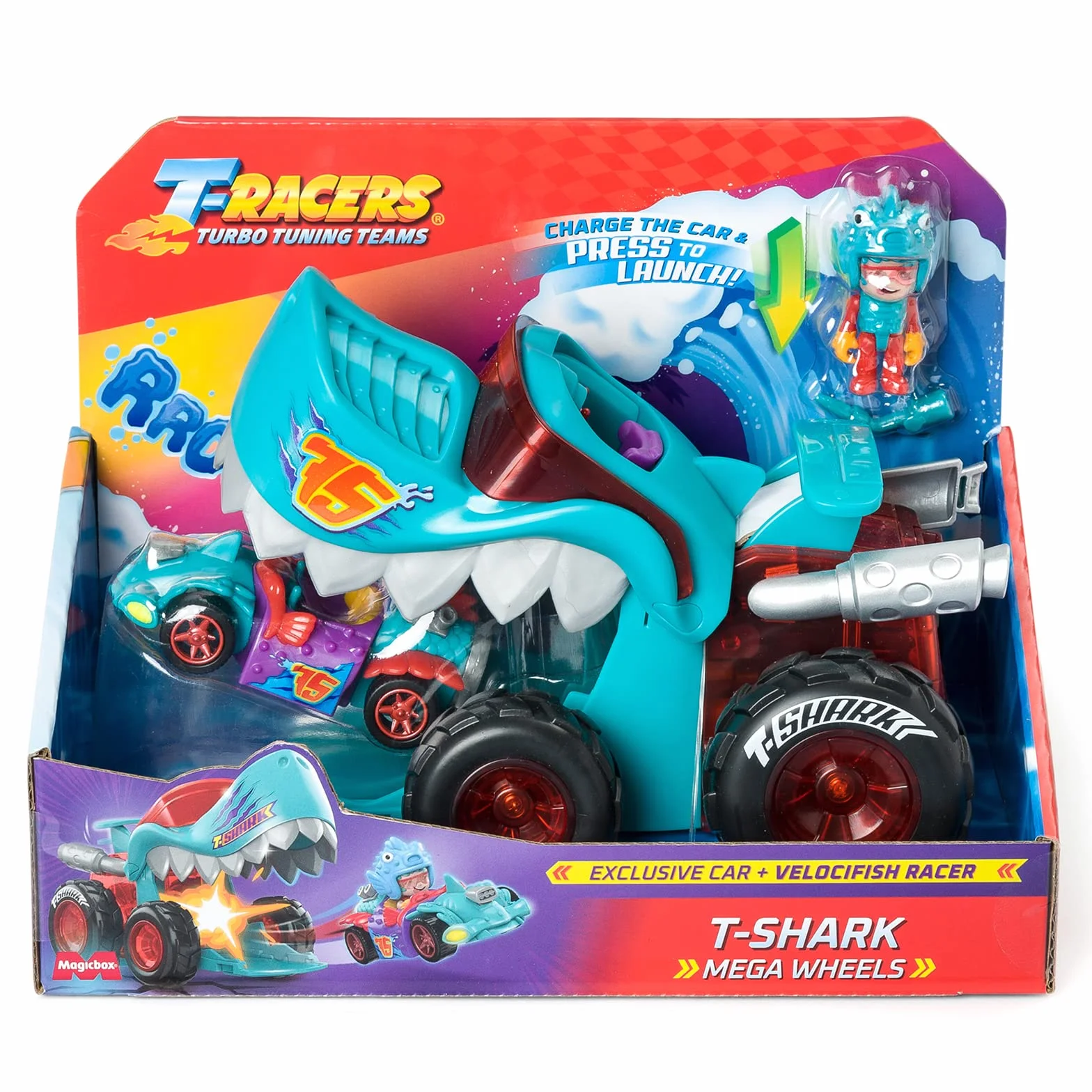 T-Racers Mega Wheels T-Shark, Wyrzutnia samochodów z 1 ekskluzywnym kierowcą i 1 ekskluzywnym pojazdem. Kompatybilny z innymi samochodami z serii T-Racers.
