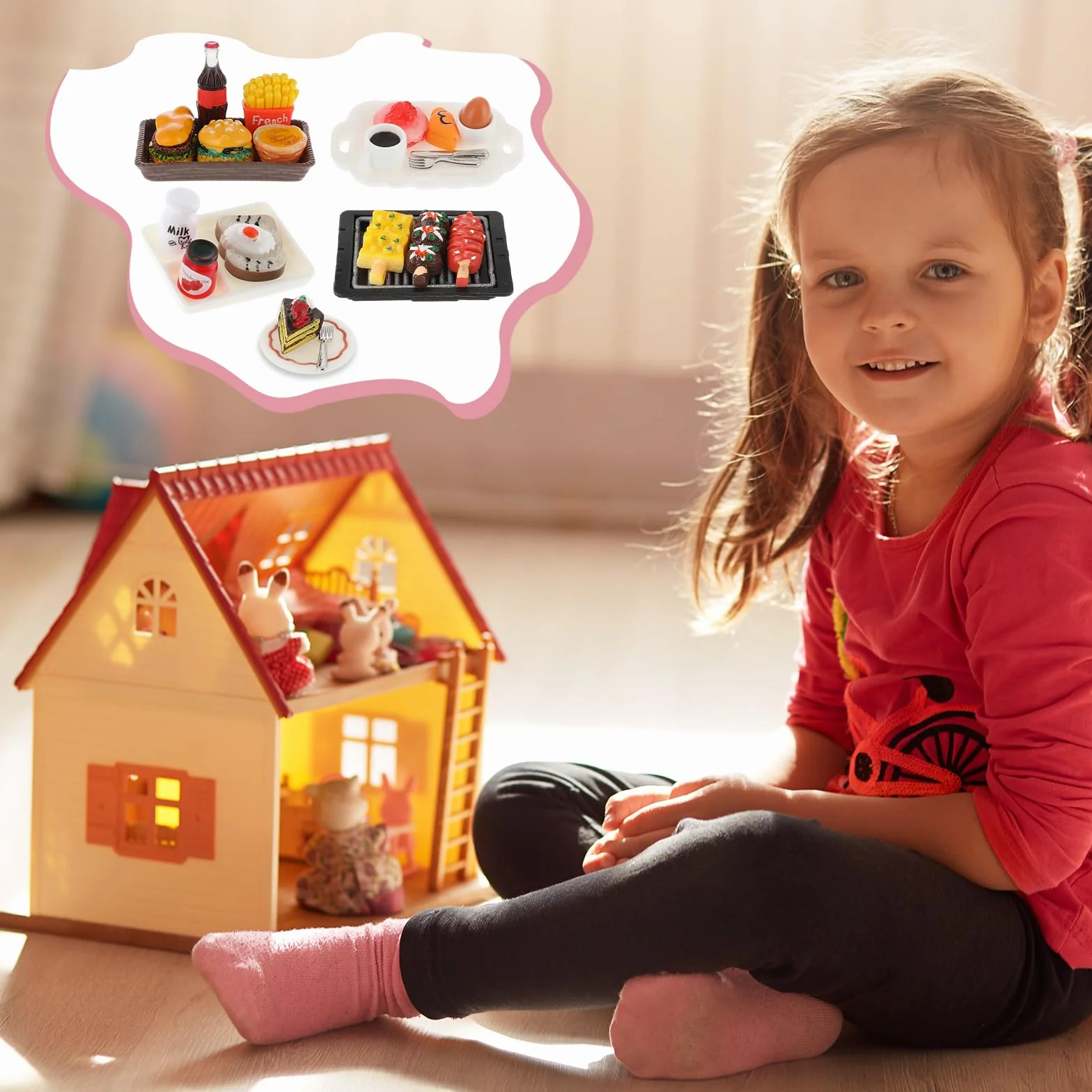 Amabro Miniaturowe jedzenie i picie, 50-częściowy zestaw zabawek z żywicy, 1:12, domek dla lalek, akcesoria dla lalek, mini kuchnia, mały domek dla lalek, akcesoria dla dziewcząt, chłopców, na imprezę