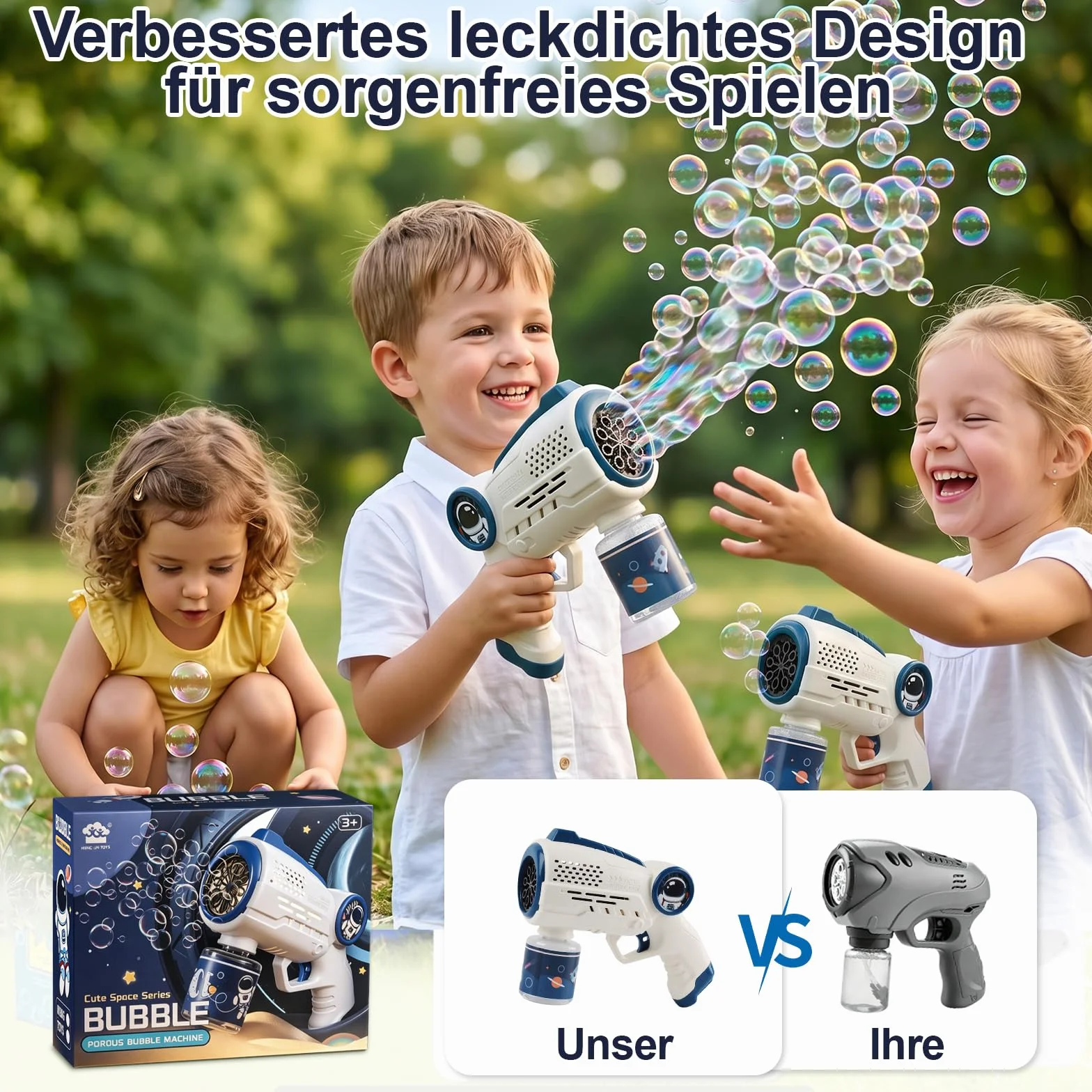 Maszyna do baniek mydlanych dla dzieci, pistolet do baniek mydlanych z oświetleniem LED i zbiornikiem 100 ml, automatyczny pistolet do baniek mydlanych, 10 opakowań w płyn, do zabawy na świeżym