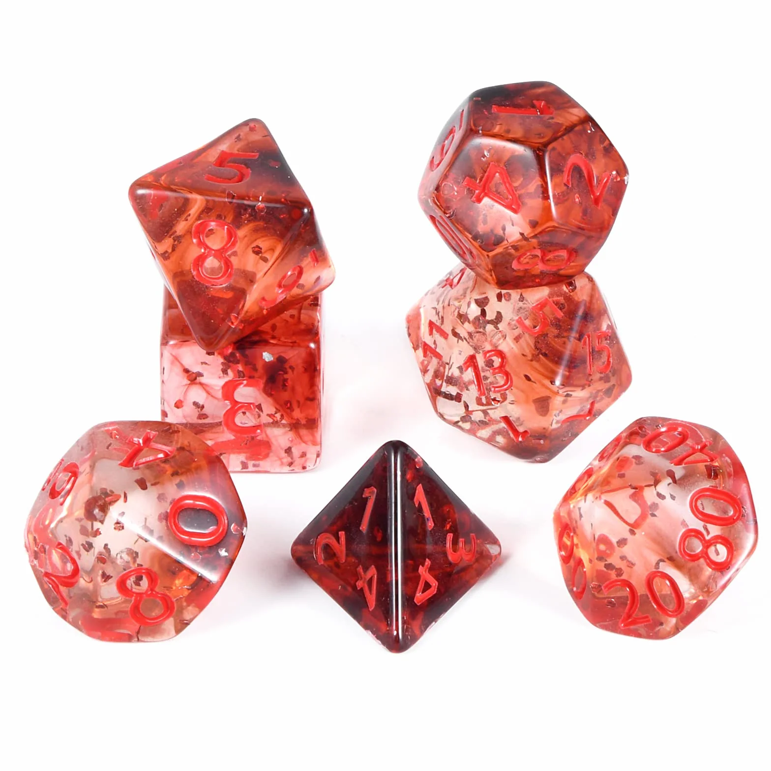 Kryształowa wstążka kości - czerwone, 7-częściowy zestaw wielościenny, materiał akrylowy, D4, D6, D8, D10, D12, D20, idealne do D&D, MTG, gier stołowych