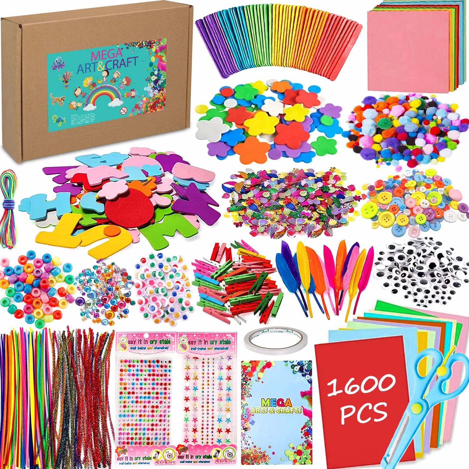 LPAOIS 1600+ sztuk Zestaw do majsterkowania dla dzieci,DIY Art Craft zestaw, kolorowe szczoteczki do zębów,Zawiera skręcone oczy, kolorowe drewniane kije, pióra, cekiny, pompy migające