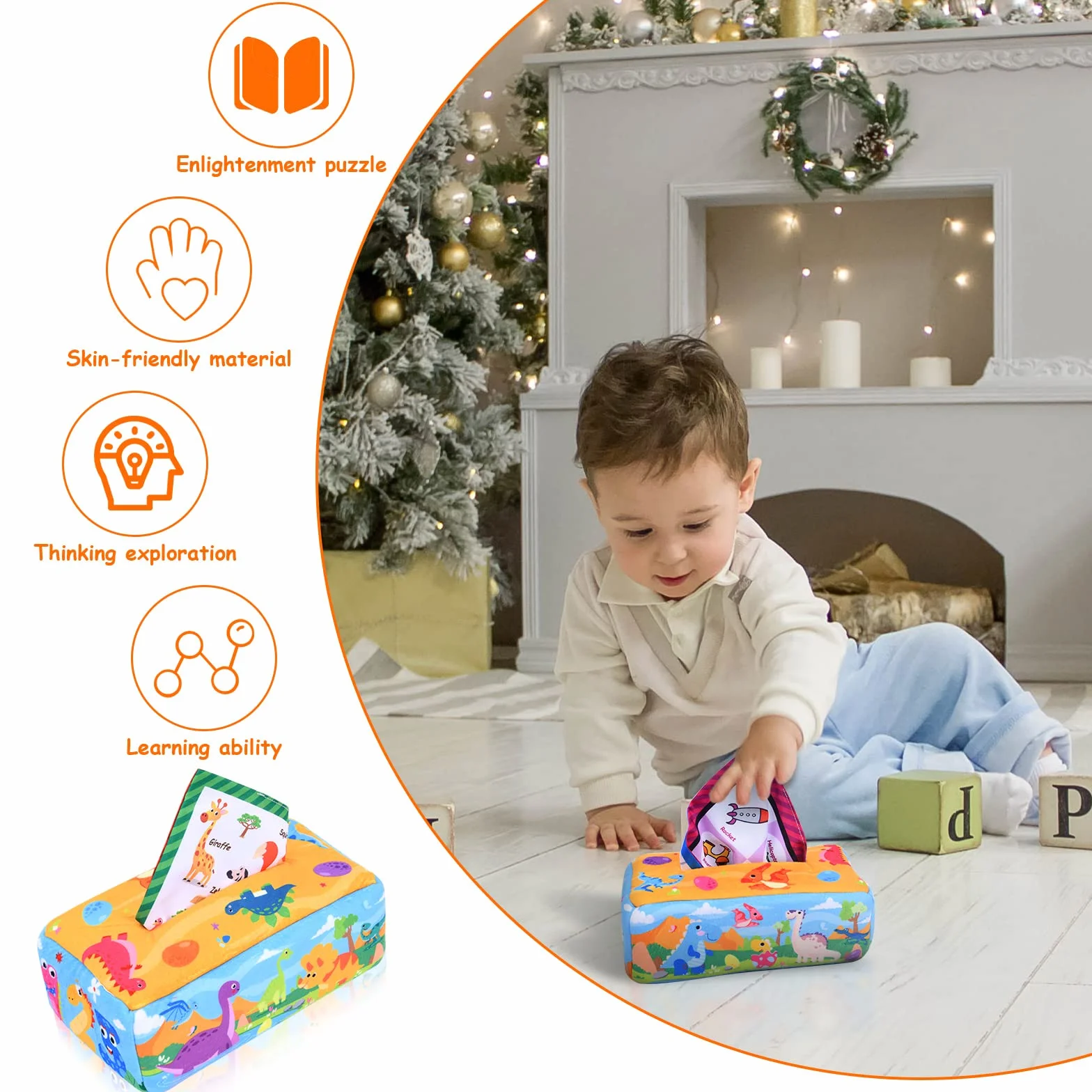 Vicloon Baby Tissue Box zabawka, pudełko na chusteczki sensoryczne zabawki, Montessori zabawki z 4 marszczonym papierem i 15 kolorowymi jedwabnymi szalikami, 6 miesięcy-Styl Dinozaurów
