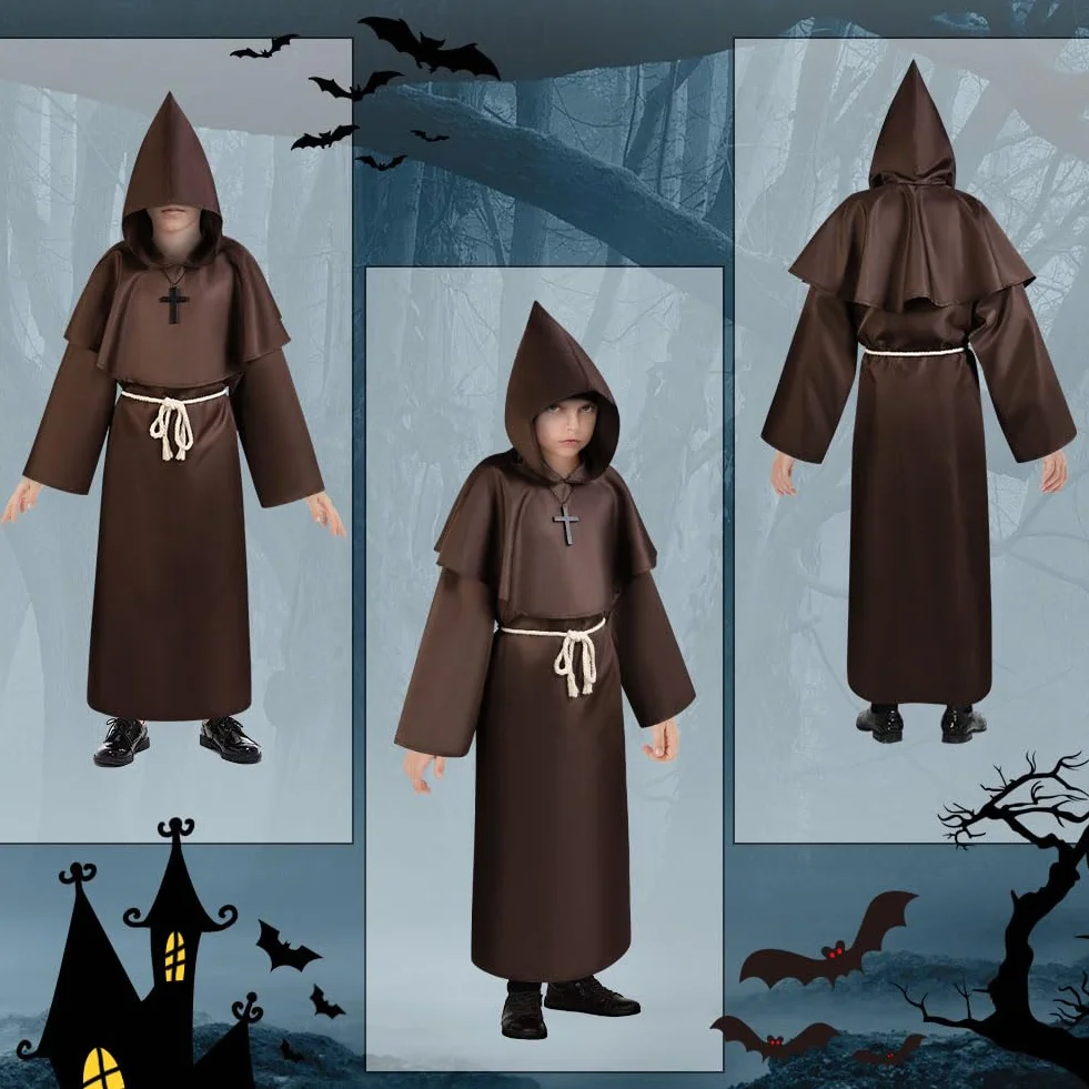 AUYAO Kostium mnicha dla dzieci, szlafrok cosplay, fantazyjny kostium, średniowieczny szlafrok z kapturem, renesans, płaszcz z kapturem, rycerz, vintage, niegodziwy kostium, Halloween, karnawał