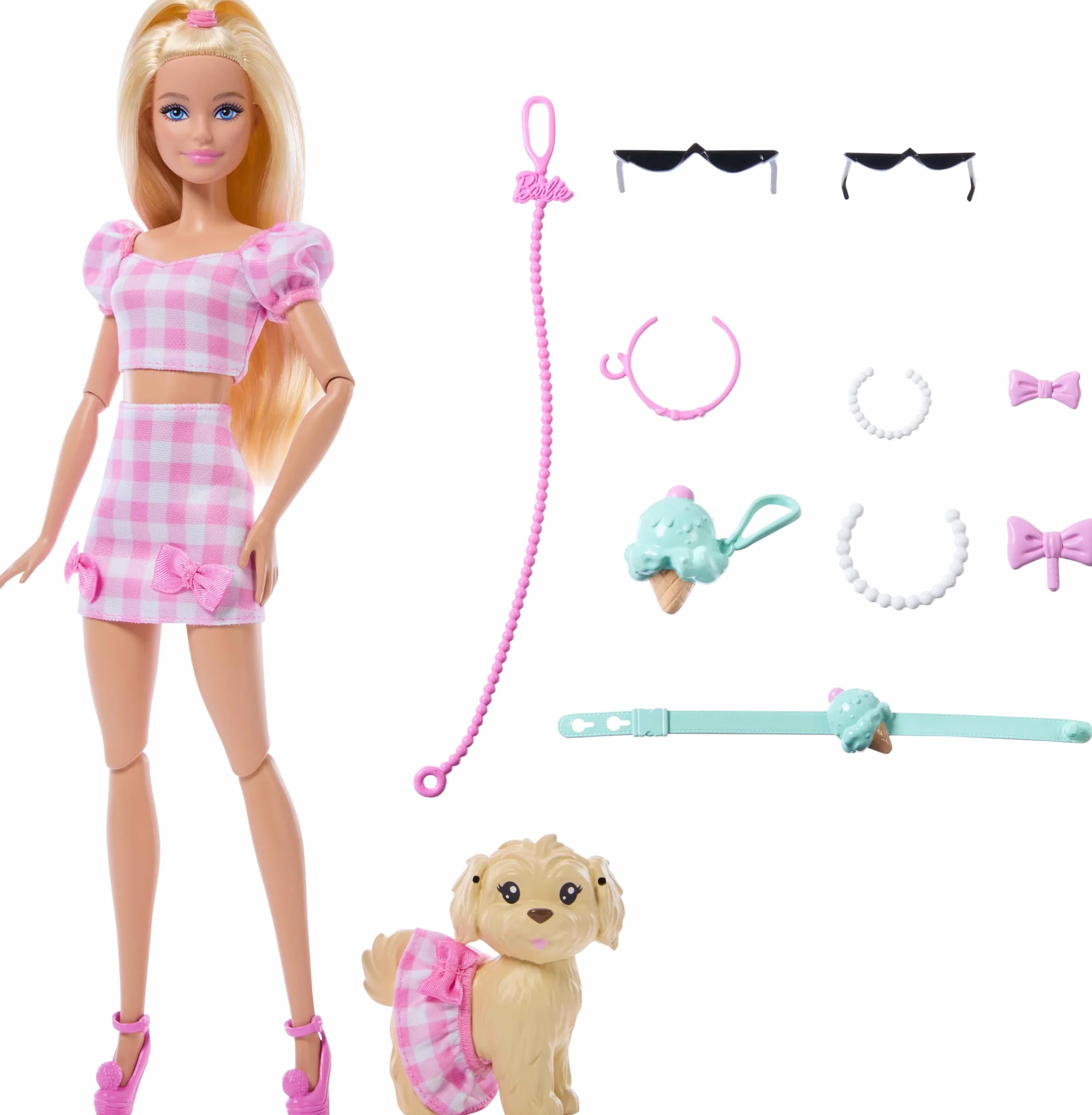 Barbie Jednakowa stylizacja Lalka i piesek – Kokardki Zestaw: lalka zabawka (blond włosy) i figurka pieska, ubranka w różową kratkę i akcesoria dla lalki i jej pupila, zabawka dla dzieci 3+, JFP36