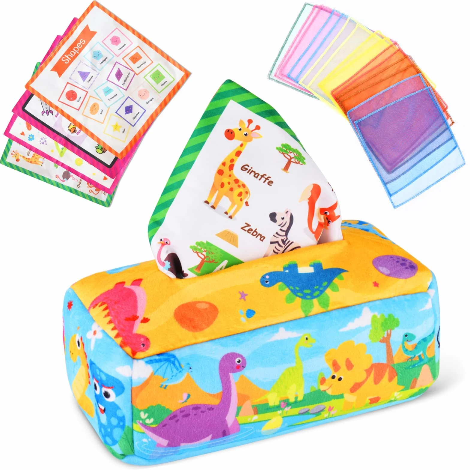 Vicloon Baby Tissue Box zabawka, pudełko na chusteczki sensoryczne zabawki, Montessori zabawki z 4 marszczonym papierem i 15 kolorowymi jedwabnymi szalikami, 6 miesięcy-Styl Dinozaurów