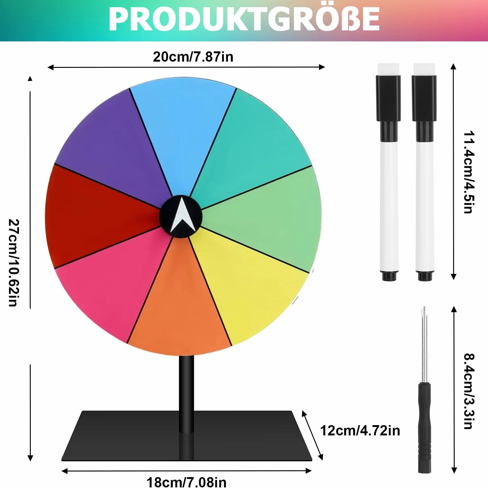 Koło szczęścia do obracania, 20 cm, wielokrotnego użytku, 8 kółek spinningowych, do samodzielnego ozdobienia, z markerem i zdejmowanym stojakiem, na imprezę targową, karnawał