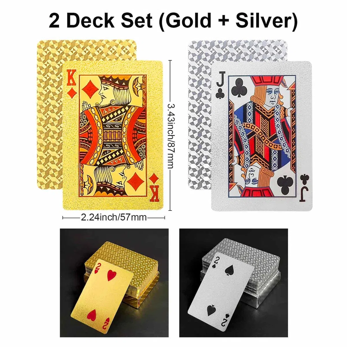 Wodoodporne karty do gry 2 zestawy, złote i srebrne, premium karty pokerowe z plastiku PET+PVC, z diamentowym teksturowaniem, trwałe i luksusowe wzornictwo do blackjacka, UNO, gier karcianych