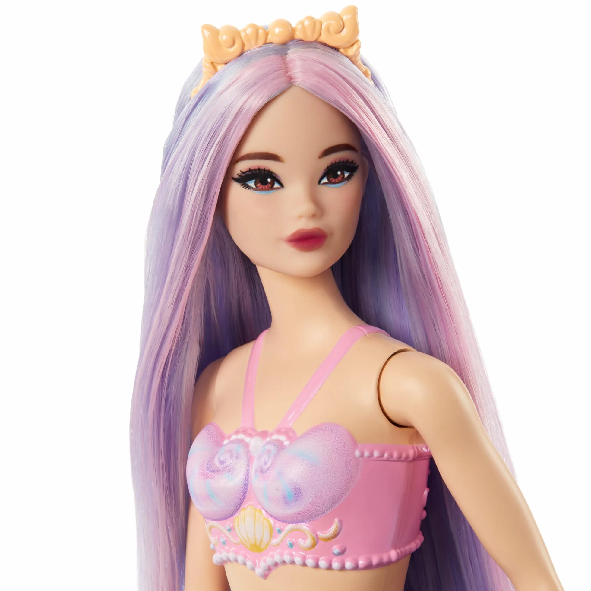 Barbie Syrenka podstawowa Lalka z długimi fioletowymi włosami, opaską do włosów, muszelkowym topem i lawendowym ogonem, HRR06