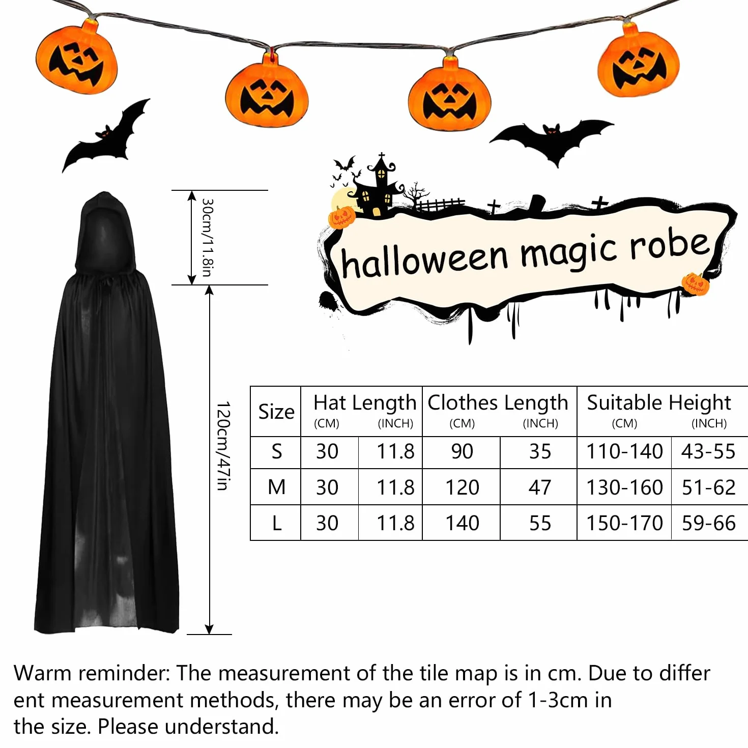 YXHZVON Dziecięca peleryna z kapturem, na Halloween, czarodziejska peleryna dla dzieci, czarna peleryna z kapturem, na bal absolwentów, Halloween, dla dorosłych i dzieci, fantazyjny kostium (120 cm)