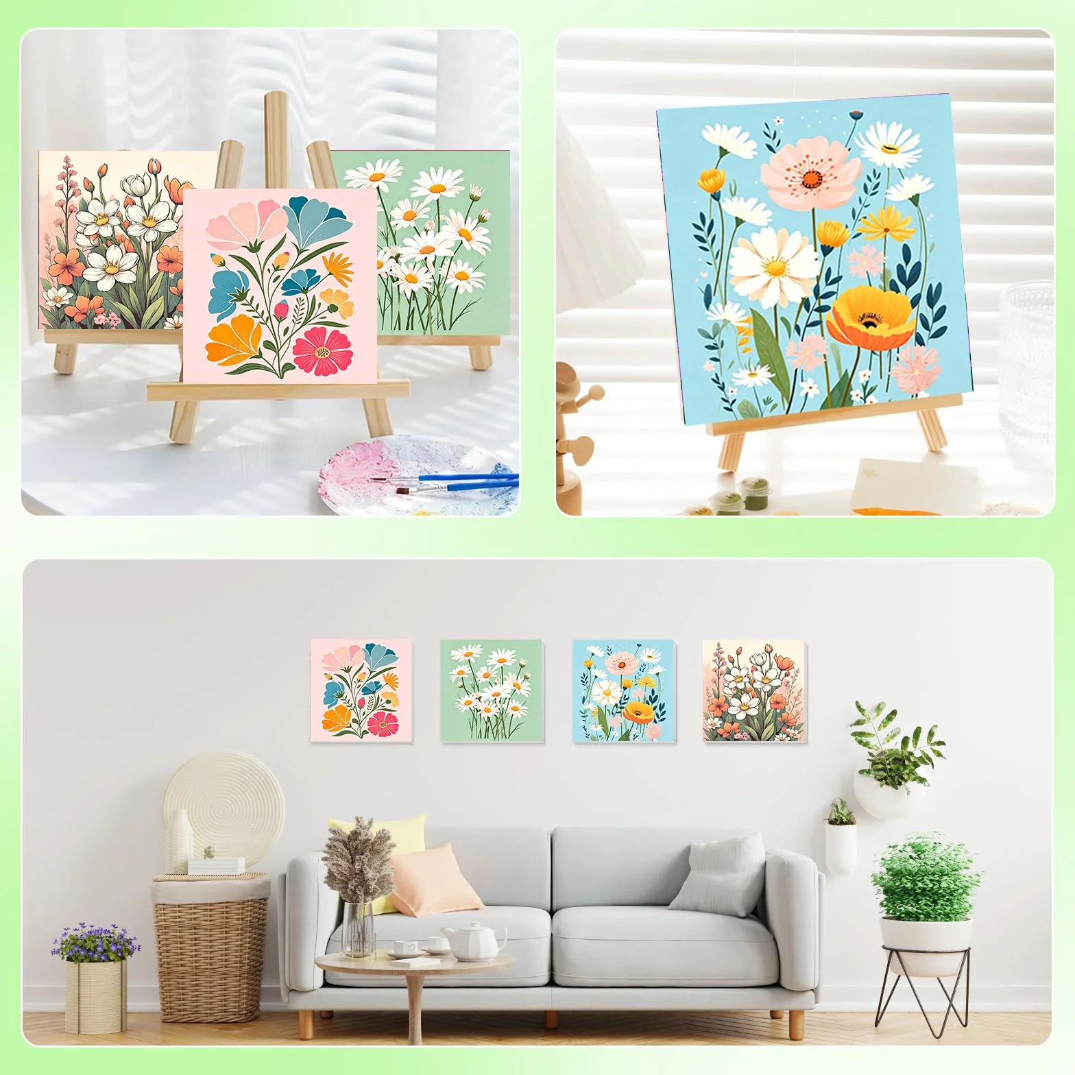 BOWETILE 4 sztuki krajobrazu, malowanie według liczb, dla dzieci z ramą, malowanie liczbami kwiatowymi dla dzieci z ramką od 4-8-12+, zestaw do majsterkowania na płótnie z pędzlami i pigmentem