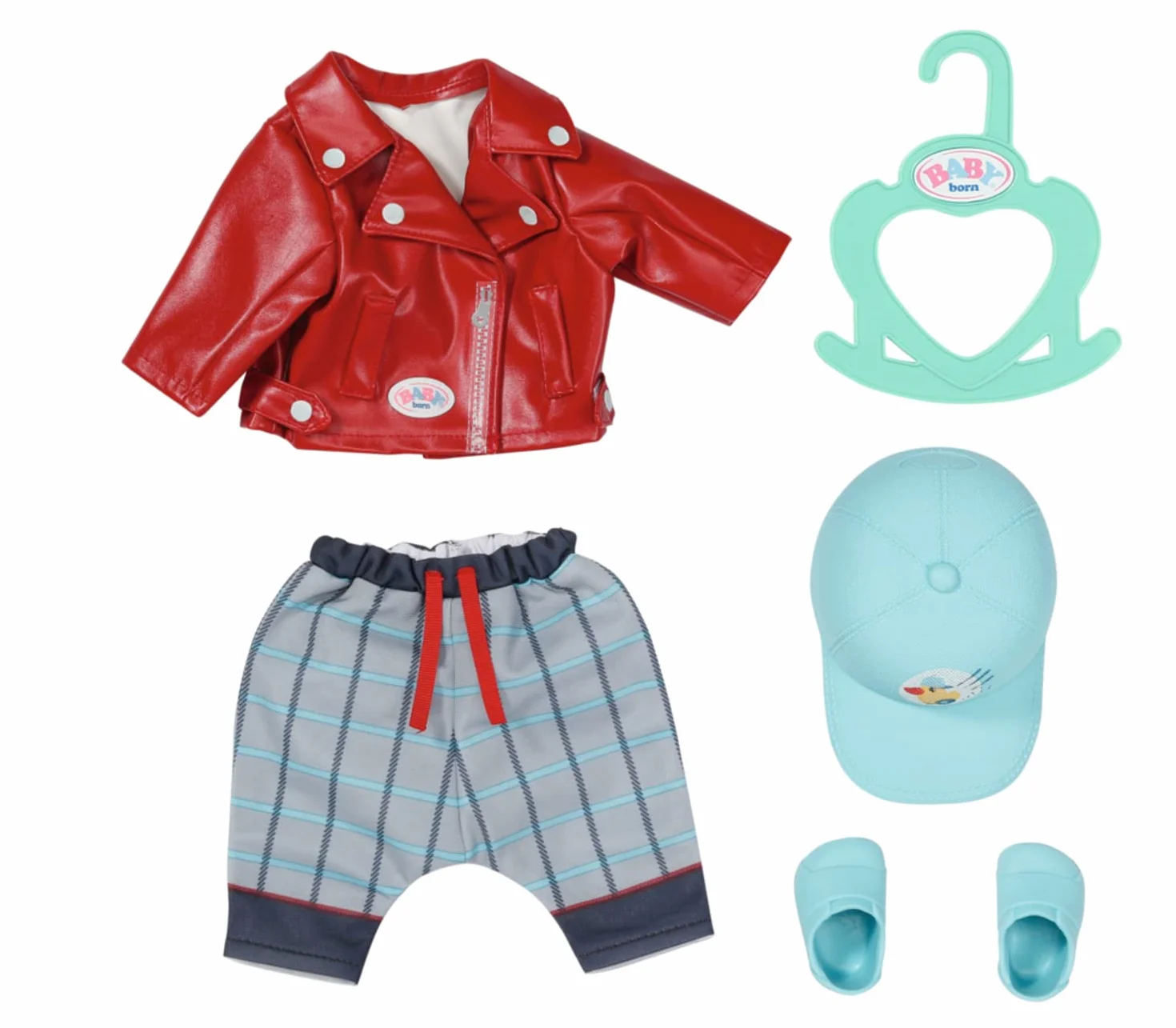 BABY Born Mały fajny strój dziecięcy 832356 – wysokiej jakości akcesoria odzieżowe dla lalek BABY born 36 cm dla małych dzieci – zawiera kurtkę, spodnie, trampki, czapkę i wieszak – odpowiedni dla
