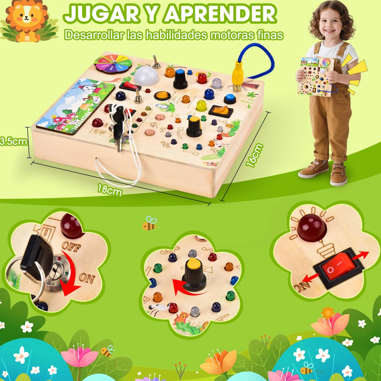 Fwiull Montessori zabawka od 1 roku, Baby Montessori Busy Board, deska do aktywności od 2 lat, zabawka motoryczna z 29 włącznikami światła LED, zabawka sensoryczna do nauki, odpowiednia dla 1, 2, 3, 4