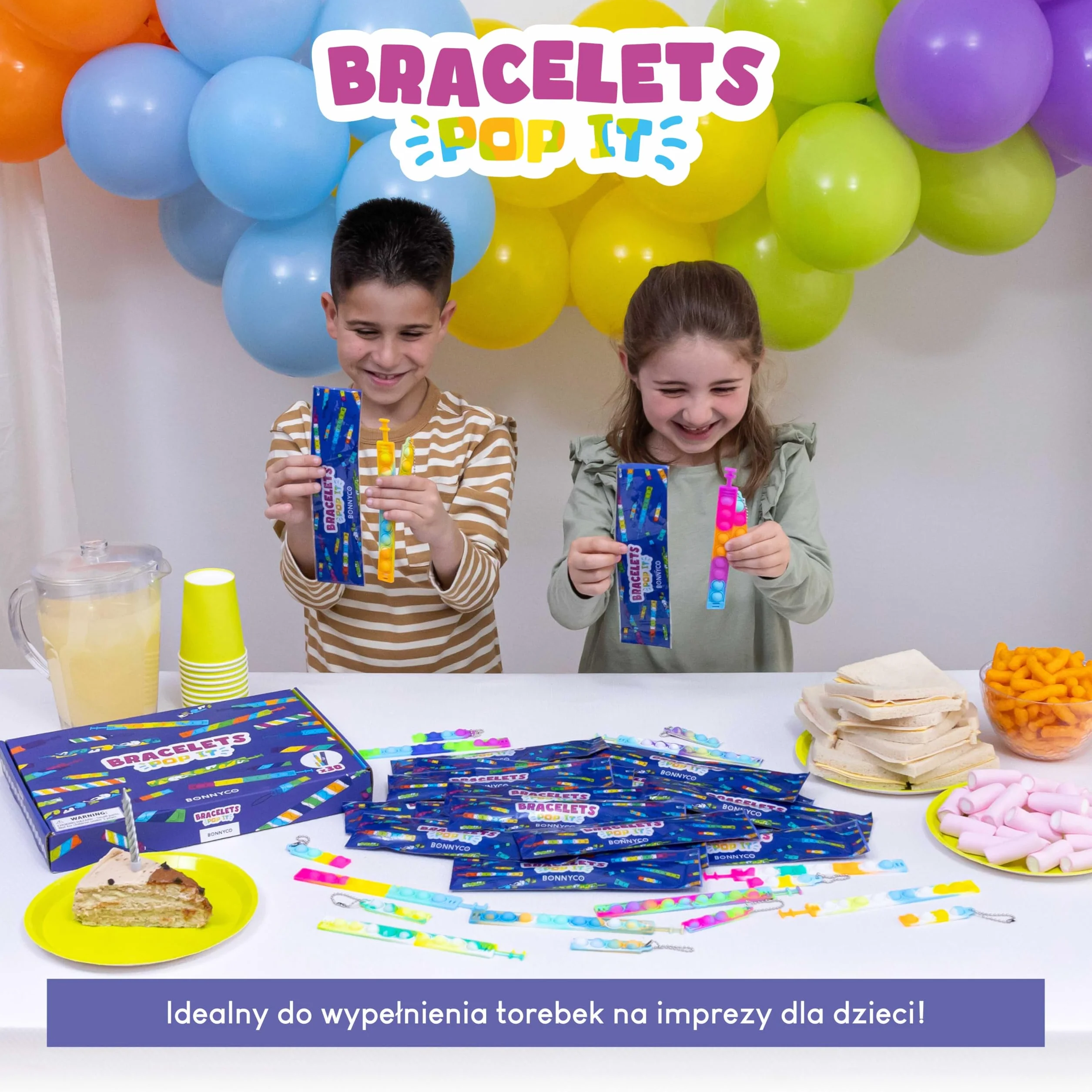 BONNYCO Bransoletki i Breloczki Pop It do Wypełniania Worków na Imprezę dla Dzieci Unisex 30 Szt. Wypełnienie Worków Imprezy, Zabawki Antystresowe, Upominki na Przyjęcie Dziecięce