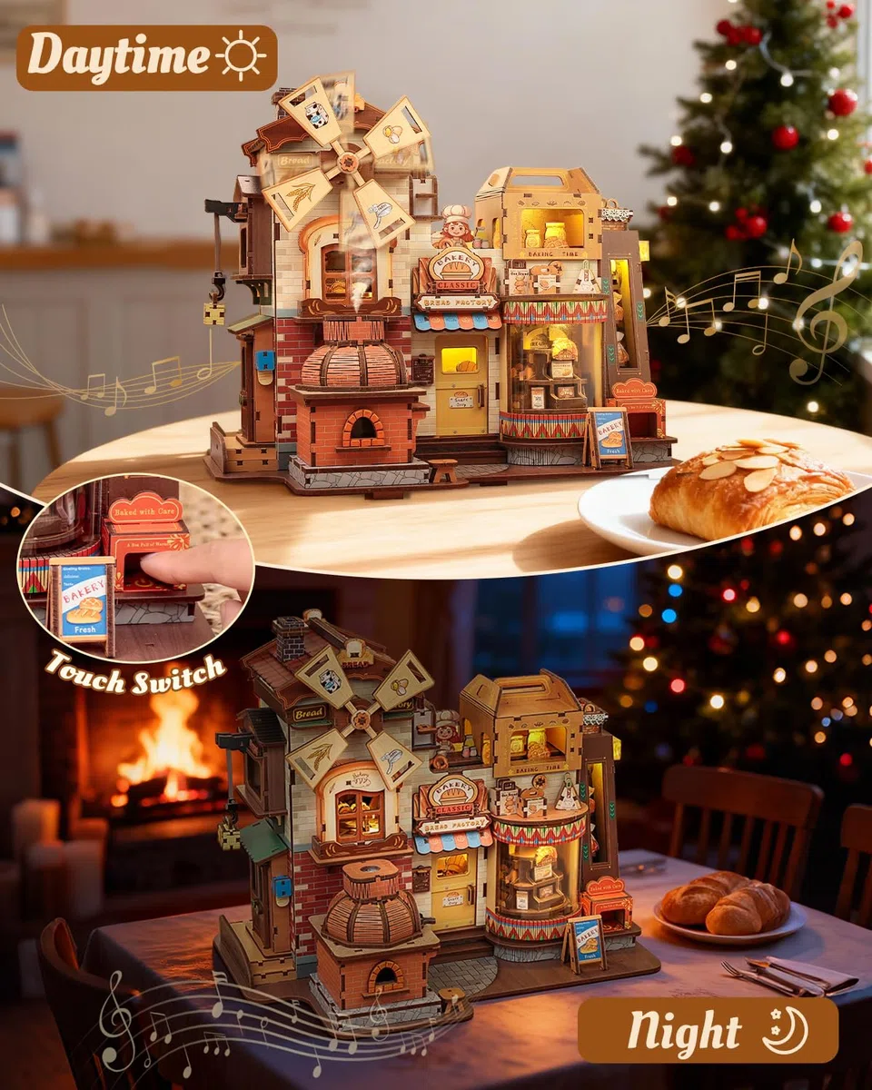CUTEBEE Operacyjny Domek dla Lalek DIY Mechaniczny Miniaturowy Dom z Muzyką,Pyszne Wypiekanie Chleba,Deko do Półki na Książki,Prezenty(Bread Factory)