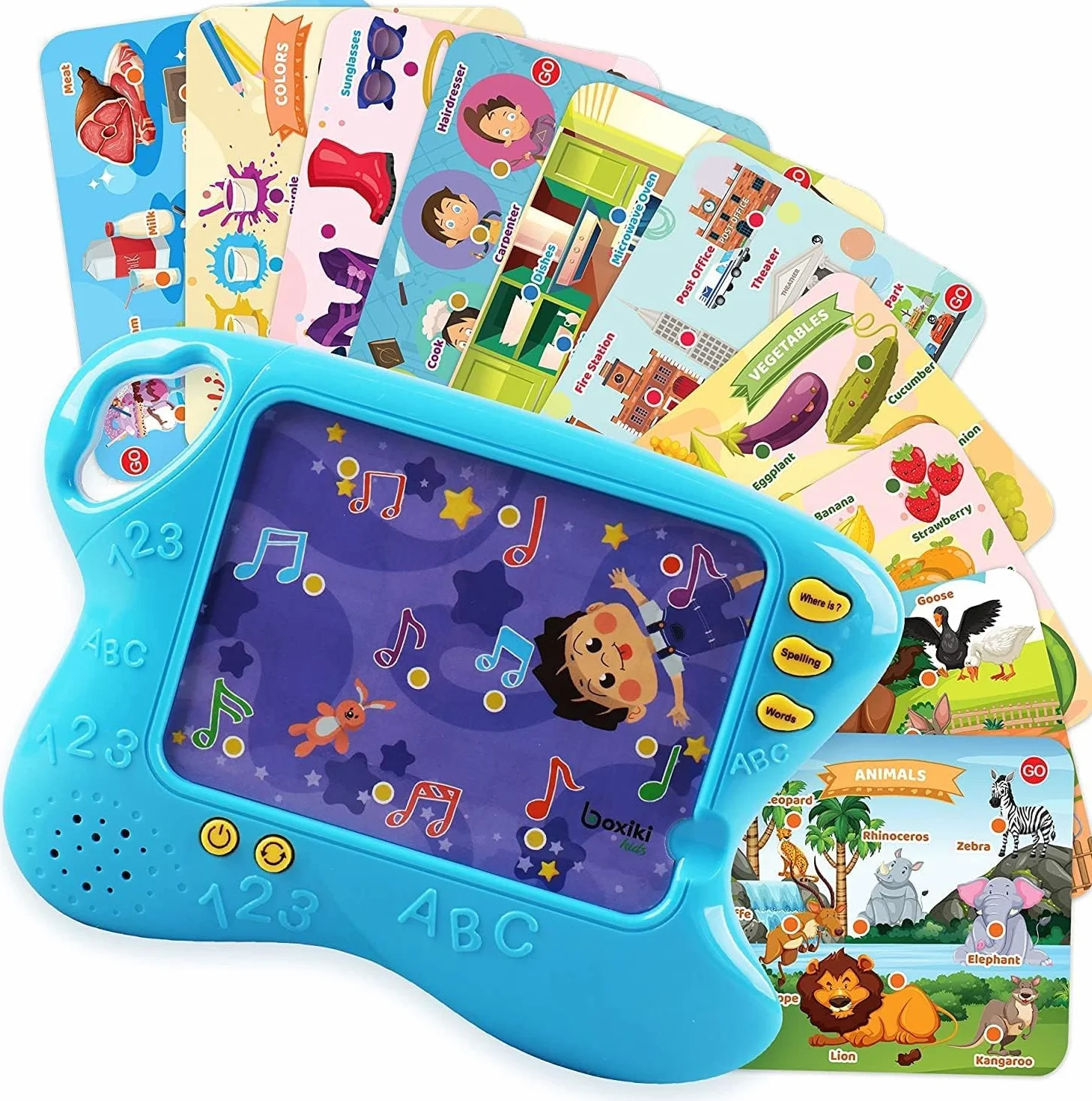 Boxiki Kids Pad do nauki języka angielskiego z 10 kartami i grą planszową, inteligentny tablet dla dzieci z dotykiem i funkcją nauki