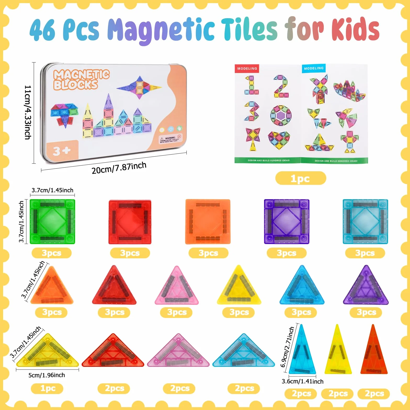 Magnetyczne płytki dla dzieci, 46 szt. podróżny zestaw płytek magnetycznych, zabawki podróżne, mini magnatile, zabawki magnetyczne Montessori, zabawki dla chłopców i dziewcząt w wieku 3, 4, 5