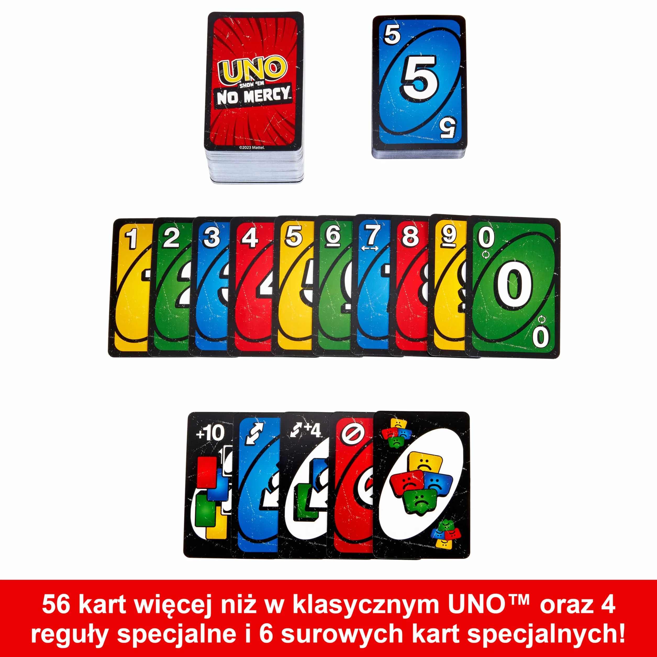 UNO No Mercy Bez litości Gra dla dzieci, dorosłych, przyjaciół i rodzin, na imprezy i podróże, zawiera dodatkowe karty, reguły specjalne i surowsze kary., HWV18